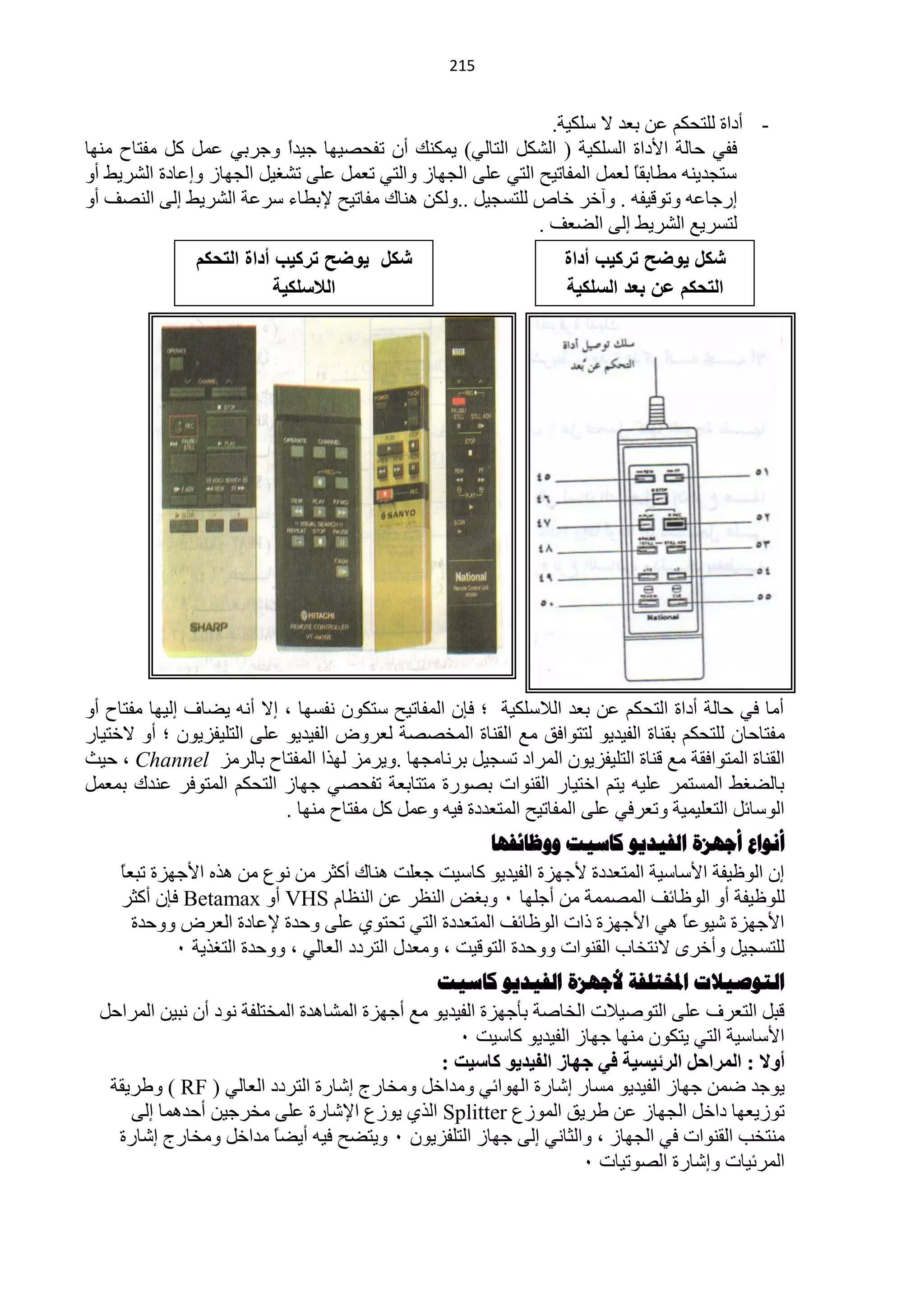 ‫140‬


                                                               ‫- أدحس ٌٍظلىُ ّٓ رْذ ٨ عٍى١ش.‬
‫ففٟ كخٌش ح٤دحس حٌغٍى١ش ( حٌؾىً حٌظخٌٟ) ٠ّىٕه أْ طفلق١ٙخ ؿ١ذً ٚؿشرٟ ًّّ وً ِفظخف ِٕٙخ‬
                           ‫ح‬
‫عظـذ٠ٕٗ ِيخرمً ًٌّْ حٌّفخط١ق حٌظٟ ٍّٝ حٌـٙخص ٚحٌظٟ طًّْ ٍّٝ طؾغ١ً حٌـٙخص ٚاّخدس حٌؾش٠و أٚ‬
                                                                           ‫خ‬
‫اسؿخّٗ ٚطٛل١فٗ . ٚآخش خخؿ ٌٍظغـ١ً ..ٌٚىٓ ٕ٘خن ِفخط١ق ٦ريخء عشّش حٌؾش٠و اٌٝ حٌٕقف أٚ‬
                                                             ‫ٌظغش٠ِ حٌؾش٠و اٌٝ حٌنْف .‬
               ‫شكل ٌوضح تركٌب أداة التحكم‬                          ‫شكل ٌوضح تركٌب أداة‬
                           ‫الالسلكٌة‬                               ‫التحكم عن بعد السلكٌة‬




‫أِخ فٟ كخٌش أدحس حٌظلىُ ّٓ رْذ حٌ٩عٍى١ش ؛ فبْ حٌّفخط١ق عظىْٛ ٔفغٙخ ، ا٨ أٔٗ ٠نخف اٌ١ٙخ ِفظخف أٚ‬
‫ِ فظخكخْ ٌٍظلىُ رمٕخس حٌف١ذ٠ٛ ٌظظٛحفك ِِ حٌمٕخس حٌّخققش ٌْشٚك حٌف١ذ٠ٛ ٍّٝ حٌظٍ١فض٠ْٛ ؛ أٚ ٨خظ١خس‬
‫حٌمٕخس حٌّظٛحفمش ِِ لٕخس حٌظٍ١فض٠ْٛ حٌّشحد طغـ١ً رشٔخِـٙخ .ٚ٠شِض ٌٙزح حٌّفظخف رخٌشِض ‪ ، Channel‬ك١غ‬
‫رخٌنغو حٌّغظّش ٍّ١ٗ ٠ظُ حخظ١خس حٌمٕٛحص رقٛسس ِظظخرْش طفلقٟ ؿٙخص حٌظلىُ حٌّظٛفش ّٕذن رًّّْ‬
                           ‫حٌٛعخثً حٌظٍْ١ّ١ش ٚطْشفٟ ٍّٝ حٌّفخط١ق حٌّظْذدس ف١ٗ ًّّٚ وً ِفظخف ِٕٙخ .‬
                                                         ‫أنىاع أجهسة الفيديى كاسيث ووظائفها‬
     ‫خ‬
     ‫اْ حٌٍٛ١فش ح٤عخع١ش حٌّظْذدس ٤ؿٙضس حٌف١ذ٠ٛ وخع١ض ؿٍْض ٕ٘خن أوؼش ِٓ ُٔٛ ِٓ ٘زٖ ح٤ؿٙضس طزًْ‬
     ‫ٌٍٍٛ١فش أٚ حٌٍٛخثف حٌّقّّش ِٓ أؿٍٙخ 1 ٚرغل حٌَٕش ّٓ حٌَٕخَ ‪ VHS‬أٚ ‪ Betamax‬فبْ أوؼش‬
       ‫ح٤ؿٙضس ؽ١ّٛخ ٟ٘ ح٤ؿٙضس رحص حٌٍٛخثف حٌّظْذدس حٌظٟ طلظٛٞ ٍّٝ ٚكذس ٦ّخدس حٌْشك ٚٚكذس‬
                                                                                   ‫ً‬
             ‫ٌٍظغـ١ً ٚأخشٜ ٨ٔظخخد حٌمٕٛحص ٚٚكذس حٌظٛل١ض ، ِْٚذي حٌظشدد حٌْخٌٟ ، ٚٚكذس حٌظغز٠ش 1‬
                                                 ‫الرىصيالخ املخرلفح ألجهضج الفيذيى كاسيد‬
  ‫لزً حٌظْشف ٍّٝ حٌظٛف١٩ص حٌخخفش رؤؿٙضس حٌف١ذ٠ٛ ِِ أؿٙضس حٌّؾخ٘ذس حٌّخظٍفش ٔٛد أْ ٔز١ٓ حٌّشحكً‬
                                                     ‫ح٤عخع١ش حٌظٟ ٠ظىْٛ ِٕٙخ ؿٙخص حٌف١ذ٠ٛ وخع١ض 1‬
                                                  ‫أٚال : اٌّشازً اٌشئ١س١خ فٟ خٙبص اٌف١ذ٠ٛ وبس١ذ :‬
   ‫٠ٛؿذ مّٓ ؿٙخص حٌف١ذ٠ٛ ِغخس اؽخسس حٌٙٛحثٟ ِٚذحخً ِٚخخسؽ اؽخسس حٌظشدد حٌْخٌٟ ( ‪ٚ ) RF‬ىش٠مش‬
      ‫طٛص٠ْٙخ دحخً حٌـٙخص ّٓ ىش٠ك حٌّٛصُ ‪ Splitter‬حٌزٞ ٠ٛصُ ح٦ؽخسس ٍّٝ ِخشؿ١ٓ أكذّ٘خ اٌٝ‬
    ‫ِٕظخذ حٌمٕٛحص فٟ حٌـٙخص ، ٚحٌؼخٟٔ اٌٝ ؿٙخص حٌظٍفض٠ْٛ 1 ٚ٠ظنق ف١ٗ أ٠نخ ِذحخً ِٚخخسؽ اؽخسس‬
                           ‫ً‬
                                                                      ‫حٌّشث١خص ٚاؽخسس حٌقٛط١خص 1‬
 