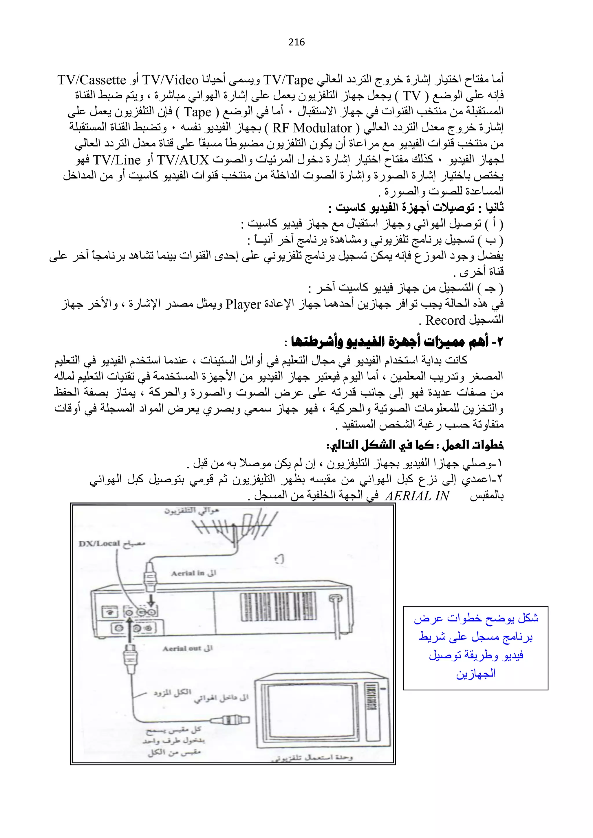 ‫140‬


 ‫أِخ ِفظخف حخظ١خس اؽخسس خشٚؽ حٌظشدد حٌْخٌٟ ‪٠ٚ TV/Tape‬غّٝ أك١خٔخ ‪ TV/Video‬أٚ ‪TV/Cassette‬‬
     ‫فبٔٗ ٍّٝ حٌٛمِ ( ‪٠ ) TV‬ـًْ ؿٙخص حٌظٍفض٠ْٛ ٠ًّْ ٍّٝ اؽخسس حٌٙٛحثٟ ِزخؽشس ، ٚ٠ظُ مزو حٌمٕخس‬
   ‫حٌّغظمزٍش ِٓ ِٕظخذ حٌمٕٛحص فٟ ؿٙخص ح٨عظمزخي 1 أِخ فٟ حٌٛمِ ( ‪ ) Tape‬فبْ حٌظٍفض٠ْٛ ٠ًّْ ٍّٝ‬
    ‫اؽخسس خشٚؽ ِْذي حٌظشدد حٌْخٌٟ ( ‪ ) RF Modulator‬رـٙخص حٌف١ذ٠ٛ ٔفغٗ 1 ٚطنزو حٌمٕخس حٌّغظمزٍش‬
     ‫ِٓ ِٕظخذ لٕٛحص حٌف١ذ٠ٛ ِِ ِشحّخس أْ ٠ىْٛ حٌظٍفض٠ْٛ ِنزٛىً ِغزمً ٍّٝ لٕخس ِْذي حٌظشدد حٌْخٌٟ‬
                                 ‫خ‬     ‫خ‬
     ‫ٌـٙخص حٌف١ذ٠ٛ 1 وزٌه ِفظخف حخظ١خس اؽخسس دخٛي حٌّشث١خص ٚحٌقٛص ‪ TV/AUX‬أٚ ‪ TV/Line‬فٙٛ‬
  ‫٠خظـ رخخظ١خس اؽخسس حٌقٛسس ٚاؽخسس حٌقٛص حٌذحخٍش ِٓ ِٕظخذ لٕٛحص حٌف١ذ٠ٛ وخع١ض أٚ ِٓ حٌّذحخً‬
                                                                          ‫حٌّغخّذس ٌٍقٛص ٚحٌقٛسس .‬
                                                                ‫ثبٔ١ب : رٛص١الد أخٙضح اٌف١ذ٠ٛ وبس١ذ :‬
                                           ‫( أ ) طٛف١ً حٌٙٛحثٟ ٚؿٙخص حعظمزخي ِِ ؿٙخص ف١ذ٠ٛ وخع١ض :‬
                                             ‫( د ) طغـ١ً رشٔخِؾ طٍفض٠ٟٛٔ ِٚؾخ٘ذس رشٔخِؾ آخش آٔ١ــخ :‬
                                               ‫ً‬
‫٠فنً ٚؿٛد حٌّٛصُ فبٔٗ ٠ّىٓ طغـ١ً رشٔخِؾ طٍفض٠ٟٛٔ ٍّٝ اكذٜ حٌمٕٛحص ر١ّٕخ طؾخ٘ذ رشٔخِـخ آخش ٍّٝ‬
          ‫ً‬
                                                                                          ‫لٕخس أخشٜ .‬
                                                            ‫( ؿـ ) حٌظغـ١ً ِٓ ؿٙخص ف١ذ٠ٛ وخع١ض آخـش :‬
  ‫فٟ ٘زٖ حٌلخٌش ٠ـذ طٛحفش ؿٙخص٠ٓ أكذّ٘خ ؿٙخص ح٦ّخدس ‪ّ٠ٚ Player‬ؼً ِقذس ح٦ؽخسس ، ٚح٤خش ؿٙخص‬
                                                                                   ‫حٌظغـ١ً ‪. Record‬‬
                                                     ‫2- أهن مميضاخ أجهضج الفيذيى وأششطرها :‬
 ‫وخٔض رذح٠ش حعظخذحَ حٌف١ذ٠ٛ فٟ ِـخي حٌظٍْ١ُ فٟ أٚحثً حٌغظ١ٕخص ، ّٕذِخ حعظخذَ حٌف١ذ٠ٛ فٟ حٌظٍْ١ُ‬
 ‫حٌّقغش ٚطذس٠ذ حٌٍّّْ١ٓ ، أِخ حٌ١َٛ ف١ْظزش ؿٙخص حٌف١ذ٠ٛ ِٓ ح٤ؿٙضس حٌّغظخذِش فٟ طمٕ١خص حٌظٍْ١ُ ٌّخٌٗ‬
 ‫ِٓ ففخص ّذ٠ذس فٙٛ اٌٝ ؿخٔذ لذسطٗ ٍّٝ ّشك حٌقٛص ٚحٌقٛسس ٚحٌلشوش ، ٠ّظخص رقفش حٌلفٌ‬
 ‫ٚحٌظخض٠ٓ ٌٍٍِّْٛخص حٌقٛط١ش ٚحٌلشو١ش ، فٙٛ ؿٙخص عّْٟ ٚرقشٞ ٠ْشك حٌّٛحد حٌّغـٍش فٟ أٚلخص‬
                                                                  ‫ِظفخٚطش كغذ سغزش حٌؾخـ حٌّغظف١ذ .‬
                                                                ‫خطوات اضططل : صطا سي اضذصل اضتاضي:‬
                                ‫1-ٚفٍٟ ؿٙخصح حٌف١ذ٠ٛ رـٙخص حٌظٍ١فض٠ْٛ ، اْ ٌُ ٠ىٓ ِٛف٩ رٗ ِٓ لزً .‬
          ‫2-حّّذٞ اٌٝ ٔضُ وزً حٌٙٛحثٟ ِٓ ِمزغٗ رَٙش حٌظٍ١فض٠ْٛ ػُ لِٟٛ رظٛف١ً وزً حٌٙٛحثٟ‬
                                             ‫رخٌّمزظ ‪ AERIAL IN‬فٟ حٌـٙش حٌخٍف١ش ِٓ حٌّغـً .‬




                                                                                 ‫كد ٌىضح خلىات عرض‬
                                                                                 ‫برنامج مسجد على رٌل‬
                                                                                  ‫فٌدٌى ىلرٌقة تىاٌد‬
                                                                                      ‫الجوازٌن‬
 
