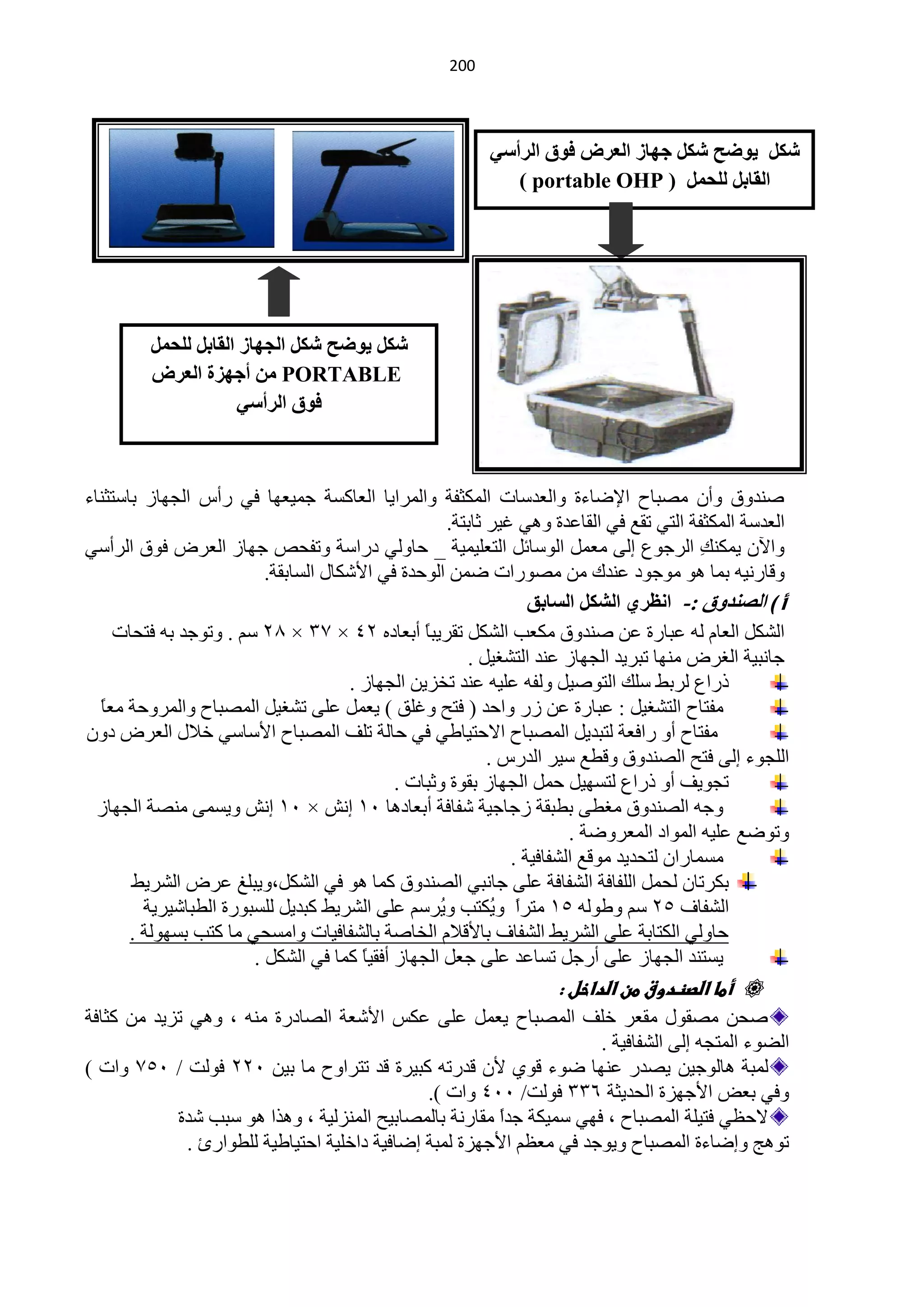 ‫220‬




                                                          ‫شىً ٠ٛظر شىً خٙبص اٌؼشض فٛق اٌشأسٟ‬
                                                             ‫اٌمبثً ٌٍسًّ ) ‪( portable OHP‬‬




         ‫شىً ٠ٛظر شىً اٌدٙبص اٌمبثً ٌٍسًّ‬
         ‫‪ ِٓ PORTABLE‬أخٙضح اٌؼشض‬
                     ‫فٛق اٌشأسٟ‬



‫فٕذٚق ٚأْ ِقزخف ح٦مخءس ٚحٌْذعخص حٌّىؼفش ٚحٌّشح٠خ حٌْخوغش ؿّ١ْٙخ فٟ سأط حٌـٙخص رخعظؼٕخء‬
                                                     ‫حٌْذعش حٌّىؼفش حٌظٟ طمِ فٟ حٌمخّذس ٟٚ٘ غ١ش ػخرظش.‬
‫ٚح٢ْ ٠ّىٕ ِ حٌشؿُٛ اٌٝ ًِّْ حٌٛعخثً حٌظٍْ١ّ١ش _ كخٌٟٚ دسحعش ٚطفلـ ؿٙخص حٌْشك فٛق حٌشأعٟ‬    ‫ه‬
                          ‫ٚلخسٔ١ٗ رّخ ٘ٛ ِٛؿٛد ّٕذن ِٓ ِقٛسحص مّٓ حٌٛكذس فٟ ح٤ؽىخي حٌغخرمش.‬
                                                                  ‫أ ) اٌصٕذٚق :- أظشٞ اٌشىً اٌسبثك‬
    ‫حٌؾىً حٌْخَ ٌٗ ّزخسس ّٓ فٕذٚق ِىْذ حٌؾىً طمش٠زً أرْخدٖ 24 × 33 × 52 عُ . ٚطٛؿذ رٗ فظلخص‬
                                                 ‫خ‬
                                                        ‫ؿخٔز١ش حٌغشك ِٕٙخ طزش٠ذ حٌـٙخص ّٕذ حٌظؾغ١ً .‬
                                      ‫رسحُ ٌشرو عٍه حٌظٛف١ً ٌٚفٗ ٍّ١ٗ ّٕذ طخض٠ٓ حٌـٙخص .‬
  ‫خ‬
  ‫ِفظخف حٌظؾغ١ً : ّزخسس ّٓ صس ٚحكذ ( فظق ٚغٍك ) ٠ًّْ ٍّٝ طؾغ١ً حٌّقزخف ٚحٌّشٚكش ًِْ‬
‫ِفظخف أٚ سحفْش ٌظزذ٠ً حٌّقزخف ح٨كظ١خىٟ فٟ كخٌش طٍف حٌّقزخف ح٤عخعٟ خ٩ي حٌْشك دْٚ‬
                                                            ‫حٌٍـٛء اٌٝ فظق حٌقٕذٚق ٚليِ ع١ش حٌذسط .‬
                                             ‫طـٛ٠ف أٚ رسحُ ٌظغٙ١ً كًّ حٌـٙخص رمٛس ٚػزخص .‬
  ‫ٚؿٗ حٌقٕذٚق ِغيٝ ريزمش صؿخؿ١ش ؽفخفش أرْخد٘خ 10 أؼ × 10 أؼ ٚ٠غّٝ ِٕقش حٌـٙخص‬
                                                                        ‫ٚطٛمِ ٍّ١ٗ حٌّٛحد حٌّْشٚمش .‬
                                                               ‫ِغّخسحْ ٌظلذ٠ذ ِٛلِ حٌؾفخف١ش .‬
       ‫رىشطخْ ٌلًّ حٌٍفخفش حٌؾفخفش ٍّٝ ؿخٔزٟ حٌقٕذٚق وّخ ٘ٛ فٟ حٌؾىً،ٚ٠زٍغ ّشك حٌؾش٠و‬
         ‫حٌؾفخف 52 عُ ٚىٌٛٗ 50 ِظشً ٚ ُىظذ ٚ ُشعُ ٍّٝ حٌؾش٠و وزذ٠ً ٌٍغزٛسس حٌيزخؽ١ش٠ش‬
                                                   ‫٠‬         ‫ح ٠‬
       ‫كخٌٟٚ حٌىظخرش ٍّٝ حٌؾش٠و حٌؾفخف رخ٤ل٩َ حٌخخفش رخٌؾفخف١خص ٚحِغلٟ ِخ وظذ رغٌٙٛش .‬
                        ‫٠غظٕذ حٌـٙخص ٍّٝ أسؿً طغخّذ ٍّٝ ؿًْ حٌـٙخص أفم١خ وّخ فٟ حٌؾىً .‬
                                        ‫ً‬
                                                                    ‫‪ ‬أطا اضصظدوق طن اضداخل :‬
‫فلٓ ِقمٛي ِمْش خٍف حٌّقزخف ٠ًّْ ٍّٝ ّىظ ح٤ؽْش حٌقخدسس ِٕٗ ، ٟٚ٘ طض٠ذ ِٓ وؼخفش‬
                                                                     ‫حٌنٛء حٌّظـٗ اٌٝ حٌؾفخف١ش .‬
‫ٌّزش ٘خٌٛؿ١ٓ ٠قذس ّٕٙخ مٛء لٛٞ ٤ْ لذسطٗ وز١شس لذ طظشحٚف ِخ ر١ٓ 122 فٌٛض / 153 ٚحص )‬
                                               ‫ٚفٟ رْل ح٤ؿٙضس حٌلذ٠ؼش 633 فٌٛض/ 114 ٚحص ).‬
            ‫٨كَٟ فظ١ٍش حٌّقزخف ، فٟٙ عّ١ىش ؿذح ِمخسٔش رخٌّقخر١ق حٌّٕضٌ١ش ، ٚ٘زح ٘ٛ عزذ ؽذس‬
                                                        ‫ً‬
              ‫طٛ٘ؾ ٚامخءس حٌّقزخف ٚ٠ٛؿذ فٟ َُِْ ح٤ؿٙضس ٌّزش امخف١ش دحخٍ١ش حكظ١خى١ش ٌٍيٛحسة .‬
 