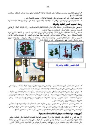 ‫120‬


‫ش‬
‫3- أم١فٟ حٌظفخف١ً ِٓ سعُ ، ٚوظخرش ٍّٝ حٌؾفخف١ش حٌٛحل١ش ٨عظىّخي حٌّفَٙٛ ِٓ ؿٛحٔزٗ حٌّخظٍفش ِغظخذِ ً‬
                                                                                    ‫أل٩ِخ لخرٍش ٌٍّغق .‬
                                                                                                  ‫ً‬
                     ‫4- حِغلٟ حٌـضء غ١ش حٌّشغٛد ف١ٗ ٍّٝ حٌؾفخف١ش حٌٛحل١ش ، ٚأم١فٟ طفخف١ً أخشٜ .‬
 ‫5- ّٕذ ح٨ٔظٙخء ِٓ ؽشف حٌّفَٙٛ حسفْٟ حٌؾفخف١ش ح٤فٍ١ش ٌظـذ٠ٙخ عٍ١ّش غ١ش ٍِٛػش ، ٚ٠ّىٕه ح٨كظفخً رٙخ‬
                                                                                                   ‫ا‬
                                                             ‫راتعا ) أسلىب الصىر الظليح واحلزكح :‬
‫1-مْٟ فٛق ِٕقش حٌـٙخص ؽفخف١ش خخٌ١ش ، أٚ حٌٍفخفش حٌؾفخف١ش حٌخخفش رٗ ، ٚرٌه ٌٛلخ٠ش حٌغيخء حٌضؿخؿٟ‬
                                               ‫ٌٍّٕقش ِٓ ؿٙش ٌٚىظخرش رْل حٌظٍْ١مخص ِٓ ؿٙش أخشٜ .‬
‫2- لقٟ أؽىخ ً ِخظٍفش ، حَٔشٞ حٌؾىً (53) ِٓ حٌىشطْٛ أٚ حٌز٩عظ١ه حٌّْظُ ، أٚ حٌؾفخف حٌٍّْٛ ٌّٛحد‬
                                                                                       ‫٨‬
‫طٍْ١ّ١ش ِخظٍفش ، ِٚٓ ِـخ٨ص ِظْذدس ، دحخً حٌّذسعش ٚخخسؿٙخ ، فٟ حٌٍَْٛ ٚحٌش٠خم١خص ٚحٌٍغش ٚلٛحٔ١ٓ‬
‫حٌّشٚس .. حٌخ ، ِؼً أؽىخي ٌي١ٛس ، ٚكؾشحص ٚأعّخن ، ٚٔزخطخص ، ٚأسلخَ ٚكشٚف ، ٚاؽخسحص ِشٚس‬
                                         ‫ِظلشوش ٍّٝ حٌـٙخص رفًْ حٌّغظخذَ ٌٙخ . وّخ فٟ حٌؾىً حٌظخٌٟ .‬




                                                                 ‫شكل الصور الظلٌة والحركة .‬




 ‫3- مْٟ رْنً ِٕٙخ ٍّٝ ِٕقش حٌـٙخص ، ٚحمزيٟ حٌقٛسس ٌظىْٛ فٛسً ٍٍ١ش ِْظّش ، ٍِٚٛٔش ٍّٝ‬
                             ‫ح‬                                                         ‫خ‬
                 ‫حٌؾخؽش ، ٚسحلزٟ ِخ طؼ١شٖ فٟ ٔفٛط حٌّؾخ٘ذحص ( حٌّظٍّْخص ) ٚرخخفش ارح لّض رظلش٠ىٙخ .‬
 ‫4- كخٌٟٚ ؽشف رْل حٌّفخ٘١ُ حٌزغ١يش فٟ حٌٍَْٛ ، أٚ حٌش٠خم١خص ...حٌخ ، رخعظخذحَ ٘زٖ حٌقٛس حٌٍَ١ش ،‬
 ‫ٚٚحصٟٔ ٘زٖ حٌيش٠مش ريش٠مش حٌغزٛسس حٌْخد٠ش ، أٚ حٌٍٛكش حٌٛرش٠ش أٚ حٌّغٕخى١غ١ش ، وّخ ٠ّىٕه حٌّضؽ ر١ٕٙخ‬
 ‫، ِٚٓ أِؼٍش رٌه : ِفَٙٛ حٌي١ٛس ، ِٚفَٙٛ حٌلؾشحص ، ِٚفَٙٛ حٌـِّ ٚحٌيشف ٚحٌّـّّٛخص ، ٚؽىً‬
                                                              ‫حٌلشٚف ٚأٌٚٛ٠ش حٌّشٚس ٚغ١ش رٌه وؼ١ش .‬
 ‫5- خييٟ حٌّـخي حٌّغٕخى١غٟ ٌّغٕخى١ظ ، ٚر١ٕٟ خيٛه حٌمٛس حٌّغٕخى١غ١ش ، ٚرٌه رٛمِ حٌّغٕخى١ظ‬
 ‫ٍّٝ ِٕقش حٌـٙخص فٛق ٌٛف صؿخؿٟ سل١ك ػُ سؽٟ رشحدس حٌلذ٠ذ ِِ حٌيشق حٌخف١ف ٍّٝ حٌٍٛف حٌضؿخؿٟ‬
        ‫، ٚحمزيٟ حٌقٛسس ٌظشٜ ٍ٩ي خيٛه حٌمٛس حٌّغٕخى١غ١ش كخٌٟٚ طـشرش رٌه ٚعظ٩كَ١ٓ حٌٕظخثؾ .‬
                                         ‫أهىس جية هشاعاذها عٌذ عشض الشفافياخ الرعليويح :‬
 ‫0) ّٕذ حٌؾشف أٚ حٌظٍْ١ك ٍّٝ حٌؾفخف١ش كخرسٞ أْ طلـزٟ حٌلضِش حٌنٛث١ش حٌغخليش ٍّٝ حٌؾخؽش، ف١َٙش‬
 ‫ٍٍه ٍّ١ٙخ ، ٚطلـزٟ حٌقٛسس ، ٌٚزٌه ٠فنً حٌـٍٛط ، أٚ حٌٛلٛف اٌٝ ؿخٔذ حٌـٙخص ٌظفخدٞ ٚلُٛ ٍٍه‬
 ‫ٍّٝ حٌؾخؽش ، وّخ ٠ـذ حعظخذحَ ِئؽش سف١ِ ومٍُ سفخؿ أٚ ِئؽش ِٓ حٌز٩عظ١ه وّخ فٟ حٌؾىً حٌظخٌٟ .‬
 