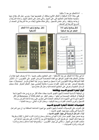 ‫140‬


                                                               ‫- أدحس ٌٍظلىُ ّٓ رْذ ٨ عٍى١ش.‬
‫ففٟ كخٌش ح٤دحس حٌغٍى١ش ( حٌؾىً حٌظخٌٟ) ٠ّىٕه أْ طفلق١ٙخ ؿ١ذً ٚؿشرٟ ًّّ وً ِفظخف ِٕٙخ‬
                           ‫ح‬
‫عظـذ٠ٕٗ ِيخرمً ًٌّْ حٌّفخط١ق حٌظٟ ٍّٝ حٌـٙخص ٚحٌظٟ طًّْ ٍّٝ طؾغ١ً حٌـٙخص ٚاّخدس حٌؾش٠و أٚ‬
                                                                           ‫خ‬
‫اسؿخّٗ ٚطٛل١فٗ . ٚآخش خخؿ ٌٍظغـ١ً ..ٌٚىٓ ٕ٘خن ِفخط١ق ٦ريخء عشّش حٌؾش٠و اٌٝ حٌٕقف أٚ‬
                                                             ‫ٌظغش٠ِ حٌؾش٠و اٌٝ حٌنْف .‬
               ‫شكل ٌوضح تركٌب أداة التحكم‬                          ‫شكل ٌوضح تركٌب أداة‬
                           ‫الالسلكٌة‬                               ‫التحكم عن بعد السلكٌة‬




‫أِخ فٟ كخٌش أدحس حٌظلىُ ّٓ رْذ حٌ٩عٍى١ش ؛ فبْ حٌّفخط١ق عظىْٛ ٔفغٙخ ، ا٨ أٔٗ ٠نخف اٌ١ٙخ ِفظخف أٚ‬
‫ِ فظخكخْ ٌٍظلىُ رمٕخس حٌف١ذ٠ٛ ٌظظٛحفك ِِ حٌمٕخس حٌّخققش ٌْشٚك حٌف١ذ٠ٛ ٍّٝ حٌظٍ١فض٠ْٛ ؛ أٚ ٨خظ١خس‬
‫حٌمٕخس حٌّظٛحفمش ِِ لٕخس حٌظٍ١فض٠ْٛ حٌّشحد طغـ١ً رشٔخِـٙخ .ٚ٠شِض ٌٙزح حٌّفظخف رخٌشِض ‪ ، Channel‬ك١غ‬
‫رخٌنغو حٌّغظّش ٍّ١ٗ ٠ظُ حخظ١خس حٌمٕٛحص رقٛسس ِظظخرْش طفلقٟ ؿٙخص حٌظلىُ حٌّظٛفش ّٕذن رًّّْ‬
                           ‫حٌٛعخثً حٌظٍْ١ّ١ش ٚطْشفٟ ٍّٝ حٌّفخط١ق حٌّظْذدس ف١ٗ ًّّٚ وً ِفظخف ِٕٙخ .‬
                                                         ‫أنىاع أجهسة الفيديى كاسيث ووظائفها‬
     ‫خ‬
     ‫اْ حٌٍٛ١فش ح٤عخع١ش حٌّظْذدس ٤ؿٙضس حٌف١ذ٠ٛ وخع١ض ؿٍْض ٕ٘خن أوؼش ِٓ ُٔٛ ِٓ ٘زٖ ح٤ؿٙضس طزًْ‬
     ‫ٌٍٍٛ١فش أٚ حٌٍٛخثف حٌّقّّش ِٓ أؿٍٙخ 1 ٚرغل حٌَٕش ّٓ حٌَٕخَ ‪ VHS‬أٚ ‪ Betamax‬فبْ أوؼش‬
       ‫ح٤ؿٙضس ؽ١ّٛخ ٟ٘ ح٤ؿٙضس رحص حٌٍٛخثف حٌّظْذدس حٌظٟ طلظٛٞ ٍّٝ ٚكذس ٦ّخدس حٌْشك ٚٚكذس‬
                                                                                   ‫ً‬
             ‫ٌٍظغـ١ً ٚأخشٜ ٨ٔظخخد حٌمٕٛحص ٚٚكذس حٌظٛل١ض ، ِْٚذي حٌظشدد حٌْخٌٟ ، ٚٚكذس حٌظغز٠ش 1‬
                                                 ‫الرىصيالخ املخرلفح ألجهضج الفيذيى كاسيد‬
  ‫لزً حٌظْشف ٍّٝ حٌظٛف١٩ص حٌخخفش رؤؿٙضس حٌف١ذ٠ٛ ِِ أؿٙضس حٌّؾخ٘ذس حٌّخظٍفش ٔٛد أْ ٔز١ٓ حٌّشحكً‬
                                                     ‫ح٤عخع١ش حٌظٟ ٠ظىْٛ ِٕٙخ ؿٙخص حٌف١ذ٠ٛ وخع١ض 1‬
                                                  ‫أٚال : اٌّشازً اٌشئ١س١خ فٟ خٙبص اٌف١ذ٠ٛ وبس١ذ :‬
   ‫٠ٛؿذ مّٓ ؿٙخص حٌف١ذ٠ٛ ِغخس اؽخسس حٌٙٛحثٟ ِٚذحخً ِٚخخسؽ اؽخسس حٌظشدد حٌْخٌٟ ( ‪ٚ ) RF‬ىش٠مش‬
      ‫طٛص٠ْٙخ دحخً حٌـٙخص ّٓ ىش٠ك حٌّٛصُ ‪ Splitter‬حٌزٞ ٠ٛصُ ح٦ؽخسس ٍّٝ ِخشؿ١ٓ أكذّ٘خ اٌٝ‬
    ‫ِٕظخذ حٌمٕٛحص فٟ حٌـٙخص ، ٚحٌؼخٟٔ اٌٝ ؿٙخص حٌظٍفض٠ْٛ 1 ٚ٠ظنق ف١ٗ أ٠نخ ِذحخً ِٚخخسؽ اؽخسس‬
                           ‫ً‬
                                                                      ‫حٌّشث١خص ٚاؽخسس حٌقٛط١خص 1‬
 