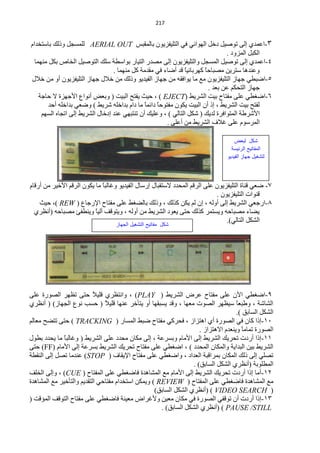 ‫140‬


‫3-حّّذٞ اٌٝ طٛف١ً دخً حٌٙٛحثٟ فٟ حٌظٍ١فض٠ْٛ رخٌّمزظ ‪ٌٍّ AERIAL OUT‬غـً ٚرٌه رخعظخذحَ‬
                                                                                ‫حٌىزً حٌّضٚد .‬
  ‫4-حّّذٞ اٌٝ طٛف١ً حٌّغـً ٚحٌظٍ١فض٠ْٛ اٌٝ ِقذس حٌظ١خس رٛحعيش عٍه حٌظٛف١ً حٌخخؿ رىً ِّٕٙخ‬
                                  ‫ّٕٚذ٘خ عظش٠ٓ ِقزخكً وٙشرخث١خ لذ أمخء فٟ ِمذِش وً ِّٕٙخ .‬
                                                                ‫ً‬      ‫خ‬
‫5-حمزيٟ ؿٙخص حٌظٍ١فض٠ْٛ ِِ ِخ ٠ٛحفمٗ ِٓ ؿٙخص حٌف١ذ٠ٛ ٚرٌه ِٓ خ٩ي ؿٙخص حٌظٍ١فض٠ْٛ أٚ ِٓ خ٩ي‬
                                                                         ‫ؿٙخص حٌظلىُ ّٓ رْذ .‬
    ‫6-حمغيٟ ٍّٝ ِفظخف ر١ض حٌؾش٠و (‪ ، ) EJECT‬ك١غ ٠فظق حٌز١ض ( ٚرْل أٔٛحُ ح٤ؿٙضس ٨ كخؿش‬
        ‫ٌفظق ر١ض حٌؾش٠و ، ار أْ حٌز١ض ٠ىْٛ ِفظٛكخ دحثًّ ِخ دحَ رذحخٍٗ ؽش٠و ) ٚمْٟ رذحخٍٗ أكذ‬
                                               ‫ً خ‬
     ‫ح٤ؽشىش حٌّظٛحفشس ٌذ٠ه ( ؽىً حٌظخٌٟ ) ، ٍّٚ١ه أْ طٕظزٟٙ ّٕذ ادخخي حٌؾش٠و اٌٝ حطـخٖ حٌغُٙ‬
                                                       ‫حٌّشعَٛ ٍّٝ غ٩ف حٌؾش٠و ِٓ أٍّٝ .‬

                                                                                    ‫كد لبعض‬
                                                                                  ‫المفاتٌح الرئٌسة‬
                                                                                ‫لت غٌد جواز الفٌدٌى‬



‫3- مْٟ لٕخس حٌظٍ١فض٠ْٛ ٍّٝ حٌشلُ حٌّلذد ٨عظمزخي اسعخي حٌف١ذ٠ٛ ٚغخٌزخ ِخ ٠ىْٛ حٌشلُ ح٤خ١ش ِٓ أسلخَ‬
                             ‫ً‬
                                                                           ‫لٕٛحص حٌظٍ١فض٠ْٛ .‬
    ‫5-حسؿْٟ حٌؾش٠و اٌٝ أٌٚٗ ، اْ ٌُ ٠ىٓ وزٌه ، ٚرٌه رخٌنغو ٍّٝ ِفظخف ح٦سؿخُ ( ‪ ،) REW‬ك١غ‬
  ‫٠نخء ِقزخكٗ ٚ٠غظّش وزٌه كظٝ ٠ْٛد حٌؾش٠و ِٓ أٌٚٗ ، ٚ٠ظٛلف آٌ١خ ٚ٠ٕيفت ِقزخكٗ )أَٔشٞ‬
                          ‫ً‬
                                                                               ‫حٌؾىً حٌظخٌٟ).‬
                                   ‫كد مفاتٌح الت غٌد الجواز‬




‫9-حمغيٟ ح٢ْ ٍّٝ ِفظخف ّشك حٌؾش٠و ( ‪ٚ ، )PLAY‬حٔظَشٞ لٍ١ ً كظٝ طَٙش حٌقٛسس ٍّٝ‬
                           ‫٩‬
‫حٌؾخؽش ، ٚىزًْ ع١َٙش حٌقٛص ِْٙخ ، ٚلذ ٠غزمٙخ أٚ ٠ظؤخش ّٕٙخ لٍ١ ً ( كغذ ُٔٛ حٌـٙخص) ( أَٔشٞ‬
                               ‫٩‬                                                    ‫خ‬
                                                                                    ‫حٌؾىً حٌغخرك ).‬
‫10-ارح وخْ فٟ حٌقٛسس أٞ ح٘ظضحص ، فلشوٟ ِفظخف مزو حٌّغخس ( ‪ ) TRACKING‬كظٝ طظنق ِْخٌُ‬
                                                                     ‫حٌقٛسس طّخًِ ٚ٠ْٕذَ ح٨٘ظضحص .‬
                                                                                      ‫خ‬
‫00-ارح أسدص طلش٠ه حٌؾش٠و اٌٝ ح٤ِخَ ٚرغشّش ، اٌٝ ِىخْ ِلذد ٍّٝ حٌؾش٠و ( ٚغخٌزً ِخ ٠لذد ريٛي‬
              ‫خ‬
‫حٌؾش٠و ر١ٓ حٌزذح٠ش ٚحٌّىخْ حٌّلذد ) ، حمغيٟ ٍّٝ ِفظخف طلش٠ه حٌؾش٠و رغشّش اٌٝ ح٤ِخَ (‪ )FF‬كظٝ‬
‫طقٍٟ اٌٝ رٌه حٌّىخْ رّشحلزش حٌْذحد ، ٚحمغيٟ ٍّٝ ِفظخف ح٦٠مخف ( ‪ّٕ )STOP‬ذِخ طقً اٌٝ حٌٕميش‬
                                                                  ‫حٌّيٍٛرش (أَٔشٞ حٌؾىً حٌغخرك) .‬
‫20-أِخ ارح أسدص طلش٠ه حٌؾش٠و اٌٝ ح٤ِخَ ِِ حٌّؾخ٘ذس فخمغيٟ ٍّٝ حٌّفظخف ( ‪ٚ ، )CUE‬اٌٝ حٌخٍف‬
‫ِِ حٌّؾخ٘ذس فخمغيٟ ٍّٝ حٌّفظخف ( ‪ّ٠ٚ ) REVIEW‬ىٓ حعظخذحَ ِفظخكٟ حٌظمذ٠ُ ٚحٌظؤخ١ش ِِ حٌّؾخ٘ذس‬
                                                   ‫( ‪( ) VIDEO SEARCH‬أَٔشٞ حٌؾىً حٌغخرك)‬
‫30-ارح أسدص أْ طٛلفٟ حٌقٛسس فٟ ِىخْ ِْ١ٓ ٚ٤غشحك ِْ١ٕش فخمغيٟ ٍّٝ ِفظخف حٌظٛلف حٌّئلض (‬
                                                     ‫‪( ) PAUSE /STILL‬أَٔشٞ حٌؾىً حٌغخرك) .‬
 