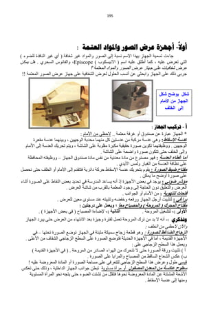 ‫194‬




                                                                                            ‫ا‬
                                ‫أول- أجهشج عزض الصىر واملىاد العروح :‬
‫ؿخءص طغّ١ش حٌـٙخص رٙزح ح٨عُ ٔغزش اٌٝ حٌقٛس ٚحٌّٛحد غ١ش ؽفخفش ( أٞ غ١ش حٌٕخفزس ٌٍنٛء )‬
‫حٌظٟ طْشك ٍّ١ٗ ، وّخ أىٍك ٍّ١ٗ حعُ ( ح٨ر١غىٛد ) ‪ٚ ،Episcope‬حٌفخٔٛط حٌغلشٞ . ً٘ ٠ّىٓ‬
                                        ‫ّشك ؽفخف١خص ٍّٝ ؿٙخص ّشك حٌقٛس ٚحٌّٛحد حٌّْظّش ؟‬
‫ؿشرٟ رٌه ٍّٝ حٌـٙخص ٚحرلؼٟ ّٓ أٔغذ حٌلٍٛي ٌْشك حٌؾفخف١ش ٍّٝ ؿٙخص ّشك حٌقٛس حٌّْظّش !!‬


                                                                                ‫شكل ٌوضح شكل‬
                                                                                ‫الجهاز من األمام‬
                                                                                   ‫إلى الخلف‬


                                                                            ‫أ - ذشكية اجلهاص :‬
                                   ‫* حٌـٙخص ّزخسس ّٓ فٕذٚق أٚ غشفش ِْظّش .. ٨كَٟ ِٓ ح٤ِخَ :‬
        ‫ػذسخ اإلسمبغ: ٟٚ٘ ّذعش ِشوزش ِٓ ّذعظ١ٓ وً ِّٕٙخ ِلذرش حٌٛؿٙ١ٓ ، ٚر١ّٕٙخ ّذعش ِمْشس‬
   ‫حٌٛؿٙ١ٓ . ٍٚٚ١فظّٙخ طىٛ٠ٓ فٛسس كم١م١ش ِىزشس ِمٍٛرش ٍّٝ حٌؾخؽش ، ٚ٠ظُ طلش٠ه حٌْذعش اٌٝ ح٤ِخَ‬
                                              ‫ٚاٌٝ حٌخٍف كظٝ طظىْٛ فٛسس ٚحملش ٍّٝ حٌؾخؽش .‬
     ‫أِب غطبء اٌؼذسخ : فٙٛ ِقُٕٛ ِٓ ِخدس ِْذٔ١ش ِٓ ٔفظ ِخدس فٕذٚق حٌـٙخص – ٍٚٚ١فظٗ حٌّلخفَش‬
                                                       ‫ٍّٝ َٔخفش حٌْذعش ِٓ حٌغزخس ٌّٚظ ح٤٠ذٞ .‬
‫ِفزبذ ظجػ اٌصٛسح : ٠مَٛ رظلش٠ه ّذعش ح٦عمخه كشوش دحثش٠ش فظظمذَ اٌٝ ح٤ِخَ أٚ حٌخٍف كظٝ ٔلقً‬
                                                                     ‫ٍّٝ فٛسس أٚمق ِخ ٠ّىٓ .‬
‫ِؤشش ظٛئٟ : ٠ٛؿذ فٟ رْل ح٤ؿٙضس ار أٔٗ ٠غخّذ حٌّذسعش فٟ طلذ٠ذ رْل حٌٕمخه ٍّٝ حٌقٛسس أػٕخء‬
                          ‫حٌْشك ٚحٌظٍْ١ك دْٚ حٌلخؿش اٌٝ ٚؿٛد حٌٍّّْش رخٌمشد ِٓ ؽخؽش حٌْشك .‬
                                                           ‫فزسبد ٌٍزٙٛ٠خ : ِٓ ح٤ِخَ أٚ حٌـٛحٔذ .‬
                     ‫ثشاغٟ : ٌظؼز١ض أسؿً حٌـٙخص ٚسفْٗ ٚخفنٗ ٚطؼز١ظٗ ّٕذ ِغظٜٛ ِْ١ٓ ٌٍْشك .‬
                                  ‫ِفزبذ اٌّسشن ( اٌّشٚزخ ) ٚاٌّصجبذ ِؼً ؛ ٚ٠ؼًّ ػٍٝ دسخز١ٓ :‬
                                                        ‫ب‬
           ‫اٌثبٔ١خ :- ٦مخءس حٌّقزخف ( فٟ رْل ح٤ؿٙضس ) .‬                ‫األٌٚٝ :- ٌظؾغ١ً حٌّشٚكش .‬
  ‫وذزكشي :- أٔٗ ٨ رذ ِٓ طشن حٌّشٚكش طًّْ ٌفظشس ٚؿ١ضس رْذ ح٨ٔظٙخء ِٓ حٌْشك كظٝ ٠زشد حٌـٙخص‬
                                                                   ‫ٚح٢ْ ٨كَٟ ِٓ حٌخٍف :‬
       ‫اٌضخبج اٌعبغػ ٌٍصٛسح : ٚ٘ٛ ليْش صؿخؽ عّ١ىش ِؼزظش فٟ حٌـٙخص طٛمِ حٌقٛسس طلظٙخ – فٟ‬
 ‫ح٤ؿٙضس حٌمذ٠ّش ، أِخ فٟ ح٤ؿٙضس حٌلذ٠ؼش فظٛمِ حٌقٛسس ٍّٝ حٌغيق حٌضؿخؿٟ حٌؾفخف ِٓ ح٤ٍّٝ .‬
                                                              ‫ٚ٠ًّْ ٘زح حٌغيق حٌضؿخؿٟ ٍّٝ :‬
     ‫أ ) طؼز١ض ٚسلش حٌقٛسس كظٝ ٨ طظلشن ِٓ حٌٙٛحء حٌقخدس ِٓ حٌّشٚكش . ( فٟ ح٤ؿٙضس حٌمذ٠ّش )‬
                                     ‫د) ّىظ حٌؾْخُ حٌغخلو ِٓ حٌّقزخف ٚحٌّشح٠خ ٍّٝ حٌقٛسس .‬
   ‫ل١غٟ ىٛي ّٚشك ٘زح حٌغيق حٌضؿخؿٟ ٌظظْشفٟ ٍّٝ ِغخكش حٌقٛسس أٚ حٌّخدس حٌّْشٚمش ٍّ١ٗ !‬
‫سطٛذ ػبوسخ ِٓ اٌّؼذْ اٌّصمٛي أٚ ِشآس ِغظٛ٠ش طزيٓ ؿٛحٔذ حٌـٙخص حٌذحخٍ١ش ، ٚرٌه كظٝ طْىظ‬
    ‫ح٤ؽْش حٌّؾظظش ّٓ حٌّخدس حٌّْشٚمش ٔلٛ٘خ فظمًٍ ِٓ طؾظض حٌنٛء كظٝ ٠ظـٗ ٔلٛ حٌّشآس حٌّغظٛ٠ش‬
                                                                     ‫ِٕٚٙخ اٌٝ ّذعش ح٦عمخه .‬
 