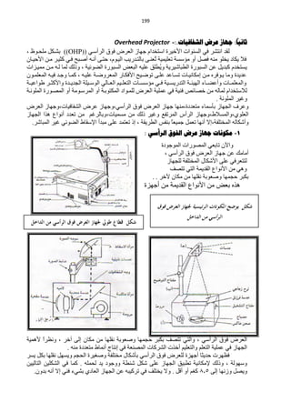‫994‬


                                                                                                             ‫ا‬
                                             ‫ثانيا: جهاس عزض الشفافياخ.:- ‪Overhead Projector‬‬
‫ٌمذ حٔظؾش فٟ حٌغٕٛحص ح٤خ١شس حعظخذحَ ؿٙخص حٌْشك فٛق حٌشأعهٟ ))‪ ((OHP‬رؾهىً ٍِلهًٛ ،‬
‫ف٩ ٠ىخد ٠خٍٛ ِٕٗ فقً أٚ ِئعغش طٍْ١ّ١ش ُْٕهٝ رخٌظهذس٠ذ حٌ١هَٛ، كظهٝ أٔهٗ أفهزق فهٟ وؼ١هش ِهٓ ح٤ك١هخْ‬
                                                                  ‫ط‬
‫٠غظخذَ وزذ٠ً ّٓ حٌغزٛسس حٌيزخؽ١ش٠ش ٚ ُيٍك ٍّ١ٗ حٌزْل حٌغزٛسس حٌنٛث١ش ، ٚرٌه ٌّخ ٌهٗ ِهٓ ِّ١هضحص‬
                                                                    ‫٠‬
‫ّذ٠ذس ِٚخ ٠هٛفشٖ ِهٓ اِىخٔ١هخص طغهخّذ ٍّهٝ طٛمه١ق ح٤فىهخس حٌّْشٚمهش ٍّ١هٗ ، وّهخ ٚؿهذ ف١هٗ حٌٍّّْهْٛ‬
‫ٚحٌٍّّْههخص ٚأّنههخء حٌٙ١جههش حٌظذس٠غهه١ش فههٟ ِئعغههخص حٌظٍْهه١ُ حٌْههخٌٟ حٌٛعهه١ٍش حٌـذ٠ههذس ٚح٤وؼههش ىٛحّ١ههش‬
‫ٌ٩عظخذحَ ٌّخٌٗ ِٓ خقخثـ فٕ١ش فٟ ٍّّ١ش حٌْشك ٌٍّهٛحد حٌّىظٛرهش أٚ حٌّشعهِٛش أٚ حٌّقهٛسس حٌٍّٛٔهش‬
                                                                                                  ‫ٚغ١ش حٌٍّٛٔش .‬
‫ّٚشف حٌـٙخص رؤعّخء ِظْذدس،ِٕٙخ ؿٙخص حٌْشك فٛق حٌشأعٟ،ٚؿٙخص ّشك حٌؾفخف١خص،ٚؿٙخص حٌْشك‬
‫حٌٍْٛٞ،ٚحٌّغ٩ه،ٚؿٙخص حٌشأط حٌّشطفِ ٚغ١ش رٌه ِٓ ِغّ١خص،ٚرخٌشغُ ِٓ طْذد أٔٛحُ ٘زح حٌـٙخص‬
    ‫ٚأؽىخٌٗ حٌّخظٍفش،ا٨ أٔٙخ طًّْ ؿّ١ْخ رٕفظ حٌيش٠مش ، ار طْظّذ ٍّٝ ِزذأ ح٦عمخه حٌنٛثٟ غ١ش حٌّزخؽش.‬
                                                                           ‫ً‬
                                                           ‫1- هكىًاخ جهاص عشض الفىق الشأسي :‬
                                                                    ‫ٚح٢ْ طخرْٟ حٌّقٛسحص حٌّٛؿٛدس‬
                                                                      ‫أِخِه ّٓ ؿٙخص حٌْشك فٛق حٌشأعٟ ،‬
                                                                       ‫ٌظظْشفٟ ٍّٝ ح٤ؽىخي حٌّخظٍفش ٌٍـٙخص‬
                                                                        ‫ٟٚ٘ ِٓ ح٤ٔٛحُ حٌمذ٠ّش حٌظٟ طظقف‬
                                                               ‫رىزش كـّٙخ ٚفْٛرش ٔمٍٙخ ِٓ ِىخْ ٢خش . .‬
                                                           ‫٘زٖ رْل ِٓ ح٤ٔٛحُ حٌمذ٠ّش ِٓ أؿٙضس‬




‫حٌْشك فٛق حٌشأعٟ ، ٚحٌظٟ طظقف رىزش كـّٙخ ٚفْٛرش ٔمٍٙخ ِٓ ِىخْ اٌٝ آخش ، َٚٔشً ٤ّ٘١ش‬
         ‫ح‬
                   ‫حٌـٙخص فٟ ٍّّ١ش حٌظٍُْ ٚحٌظٍْ١ُ أخزص حٌؾشوخص حٌّقْٕش فٟ أظخؽ أّٔخه ِظْذدس ِٕٗ .‬
‫فَٙشص كذ٠ؼخ أؿٙضس ٌٍْشك فٛق حٌشأعٟ رؤؽىخي ِخظٍفش ٚفغ١شس حٌلـُ ٚ٠غًٙ ٔمٍٙخ رىً ٠غش‬
‫ٚعٌٙٛش ، ٚرٌه ٦ِىخٔ١ش طيز١ك حٌـٙخص ٍّٝ ؽىً ؽٕيش ٚٚؿٛد ٠ذ ٌلٍّٗ . وّخ فٟ حٌؾىٍ١ٓ حٌظخٌ١١ٓ‬
   ‫ٚ٠قً ٚصٔٙخ اٌٝ 5.5 وغُ أٚ ألً . ٚ٨ ٠خظٍف فٟ طشو١زٗ ّٓ حٌـٙخص حٌْخدٞ رؾٟء فٕٟ ا٨ أٔٗ رذْٚ.‬
 