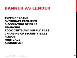 TYPES OF LOANS
OVERDRAFT FACILITIES
DISCOUNTING OF BILLS
FINANCING
BOOK DEBTS AND SUPPLY BILLS
CHARGING OF SECURITY BILLS
PLEDGE
MORTGAGE
ASSIGNMENT
BANKER AS LENDER
1
Concurrent Audit of Banks- Loans and Advances
 