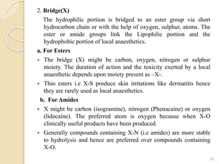 2. Bridge(X)
The hydrophilic portion is bridged to an ester group via short
hydrocarbon chain or with the help of oxygen, sulphur, atoms. The
ester or amide groups link the Lipophilic portion and the
hydrophobic portion of local anaesthetics.
a. For Esters
 The bridge (X) might be carbon, oxygen, nitrogen or sulphur
moiety. The duration of action and the toxicity exerted by a local
anaesthetic depends upon moiety present as –X-.
 Thio esters i.e X-S produce skin irritations like dermatitis hence
they are rarely used as local anaesthetics.
b. For Amides
 X might be carbon (isogramine), nitrogen (Phenacaine) or oxygen
(lidocaine). The preferred atom is oxygen because when X-O
clinically useful products have been produced.
 Generally compounds containing X-N (i.e amides) are more stable
to hydrolysis and hence are preferred over compounds containing
X-O.
99
 