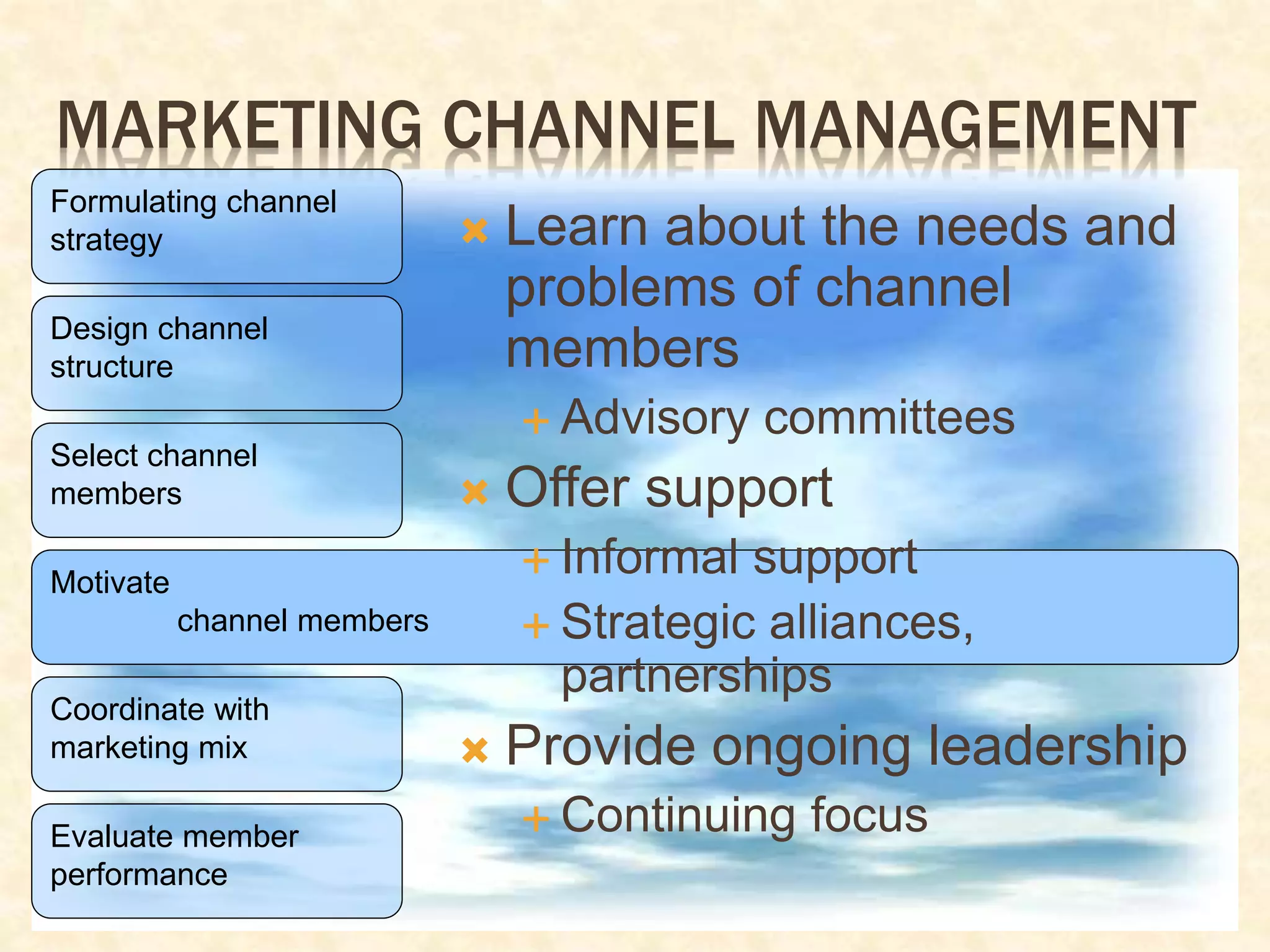 MARKETING CHANNEL MANAGEMENT
Formulating channel
strategy
Design channel
structure
Select channel
members
Motivate
channel members
Coordinate with
marketing mix
Evaluate member
performance
 Learn about the needs and
problems of channel
members
 Advisory committees
 Offer support
 Informal support
 Strategic alliances,
partnerships
 Provide ongoing leadership
 Continuing focus
 