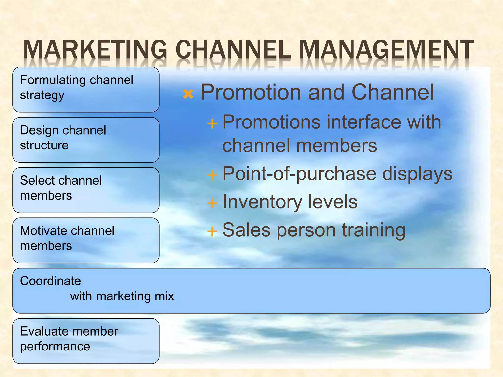 MARKETING CHANNEL MANAGEMENT
Formulating channel
strategy
Design channel
structure
Select channel
members
Motivate channel
members
Coordinate
with marketing mix
Evaluate member
performance
 Promotion and Channel
 Promotions interface with
channel members
 Point-of-purchase displays
 Inventory levels
 Sales person training
 