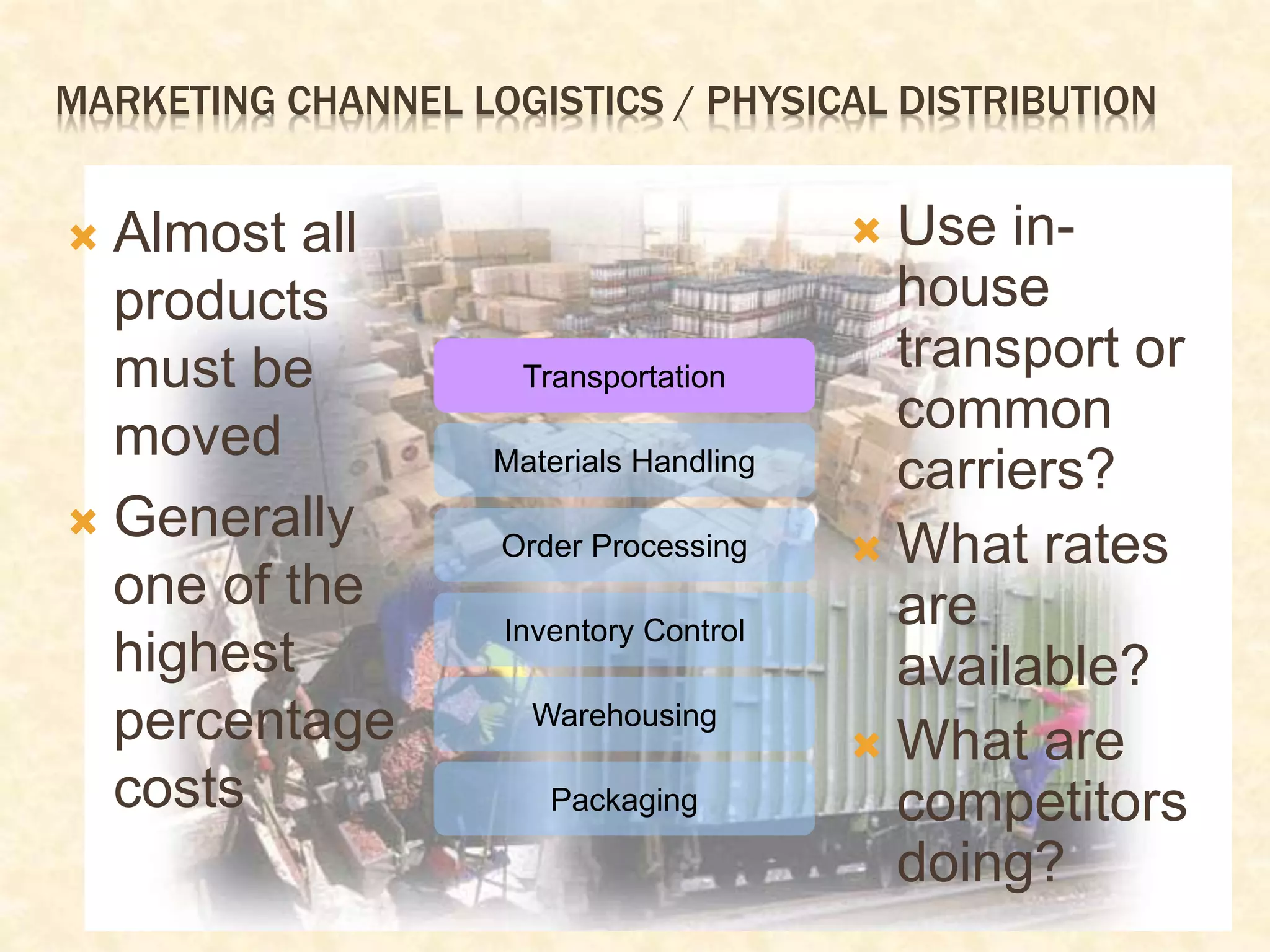MARKETING CHANNEL LOGISTICS / PHYSICAL DISTRIBUTION
 Almost all
products
must be
moved
 Generally
one of the
highest
percentage
costs
 Use in-
house
transport or
common
carriers?
 What rates
are
available?
 What are
competitors
doing?
Transportation
Materials Handling
Order Processing
Inventory Control
Warehousing
Packaging
 