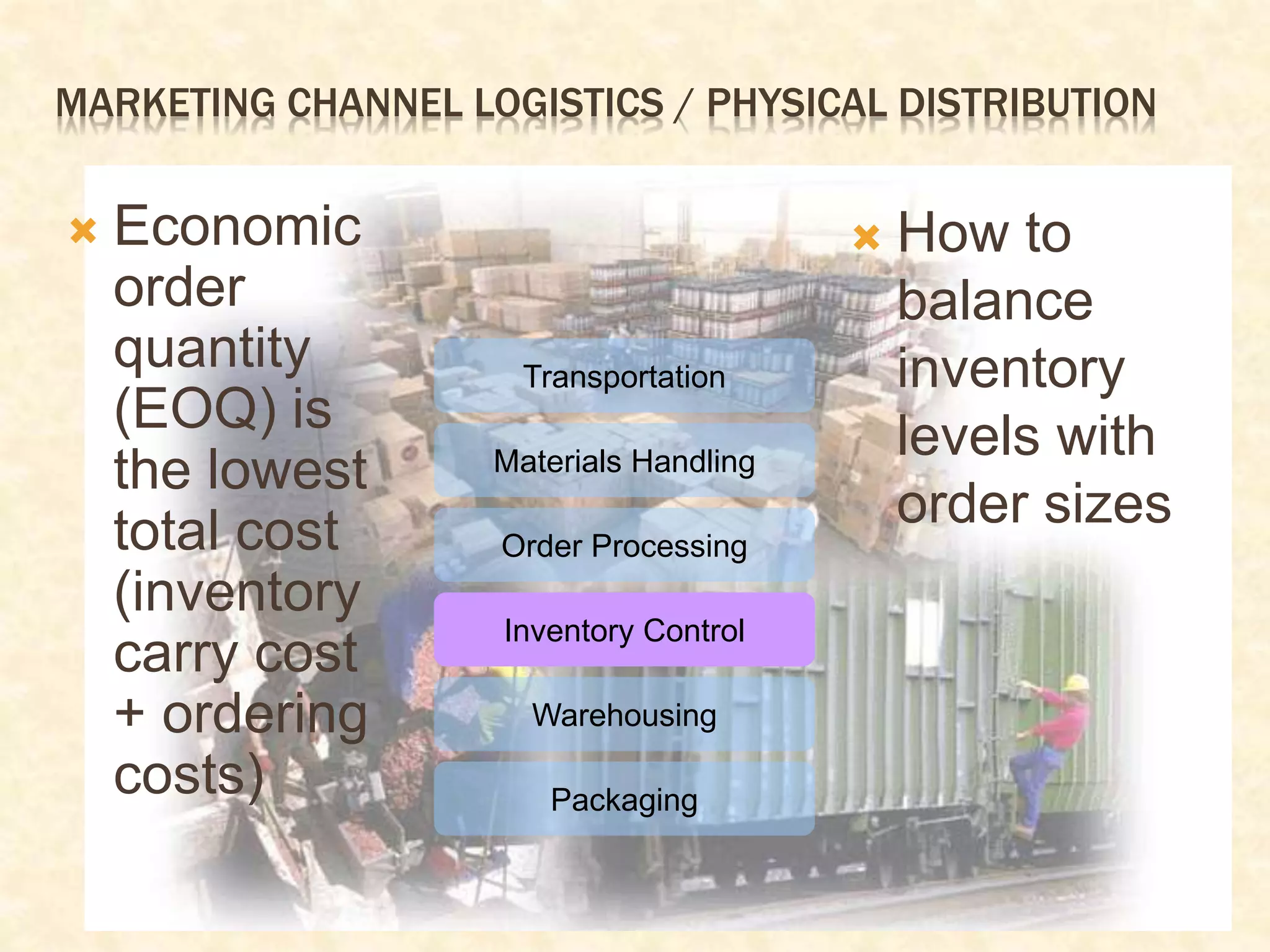 MARKETING CHANNEL LOGISTICS / PHYSICAL DISTRIBUTION
 Economic
order
quantity
(EOQ) is
the lowest
total cost
(inventory
carry cost
+ ordering
costs)
 How to
balance
inventory
levels with
order sizes
Transportation
Materials Handling
Order Processing
Inventory Control
Warehousing
Packaging
 