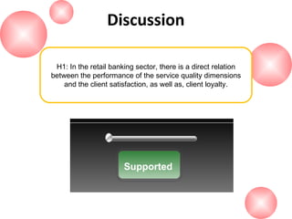 Discussion
H1: In the retail banking sector, there is a direct relation
between the performance of the service quality dimensions
and the client satisfaction, as well as, client loyalty.

Supported

 