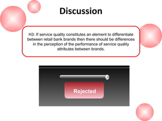 Discussion
H3: If service quality constitutes an element to differentiate
between retail bank brands then there should be differences
in the perception of the performance of service quality
attributes between brands.

Rejected

 