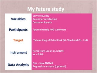 Variables
Participants
Target
Instrument
Data Analysis

Service quality
Customer satisfaction
Customer loyalty
Approximately 400 customers

Taiwan King of Dried Pork (Yi-Chin Food Co., Ltd)

Items from Lee et al. (2009)
α = 0.86
One - way ANOVA
Regression analysis (optional)

 