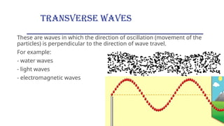 Transverse waves
These are waves in which the direction of oscillation (movement of the
particles) is perpendicular to the direction of wave travel.
For example:
- water waves
- light waves
- electromagnetic waves
 