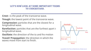 Let’s now look at some important terms
to understand.
Crest : is the peak of the transverse wave.
Trough: the lowest point of the transverse wave.
Compression: particles that are the closest for a
longitudinal wave.
Rarefaction: particles that are the furthest apart in a
longitudinal wave.
Oscillate: the direction of the to and fro motion
Travel/ Propagation: the direction in which the
waves move from start to finish.
 