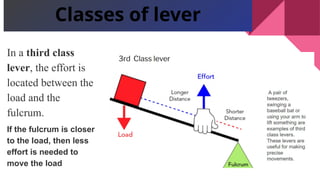 In a third class
lever, the effort is
located between the
load and the
fulcrum.
If the fulcrum is closer
to the load, then less
effort is needed to
move the load
Classes of lever
 