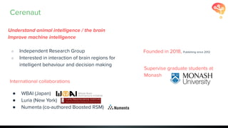 International collaborations
● WBAI (Japan)
● Luria (New York)
● Numenta (co-authored Boosted RSM)
Understand animal intelligence / the brain
Improve machine intelligence
○ Independent Research Group
○ Interested in interaction of brain regions for
intelligent behaviour and decision making
Cerenaut
Supervise graduate students at
Monash
Founded in 2018, Publishing since 2012
 
