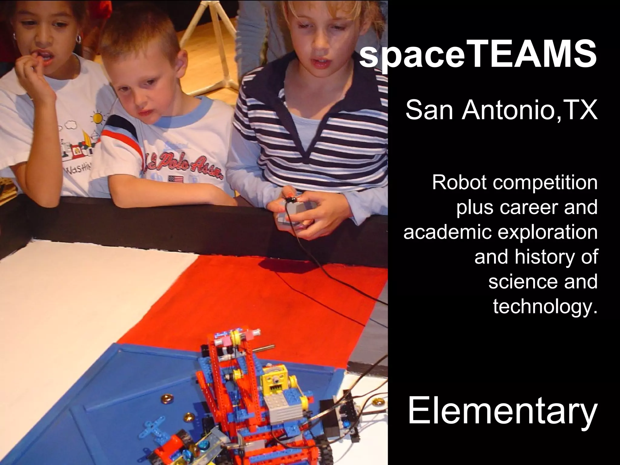 Elementary
spaceTEAMS
San Antonio,TX
Robot competition
plus career and
academic exploration
and history of
science and
technology.
 