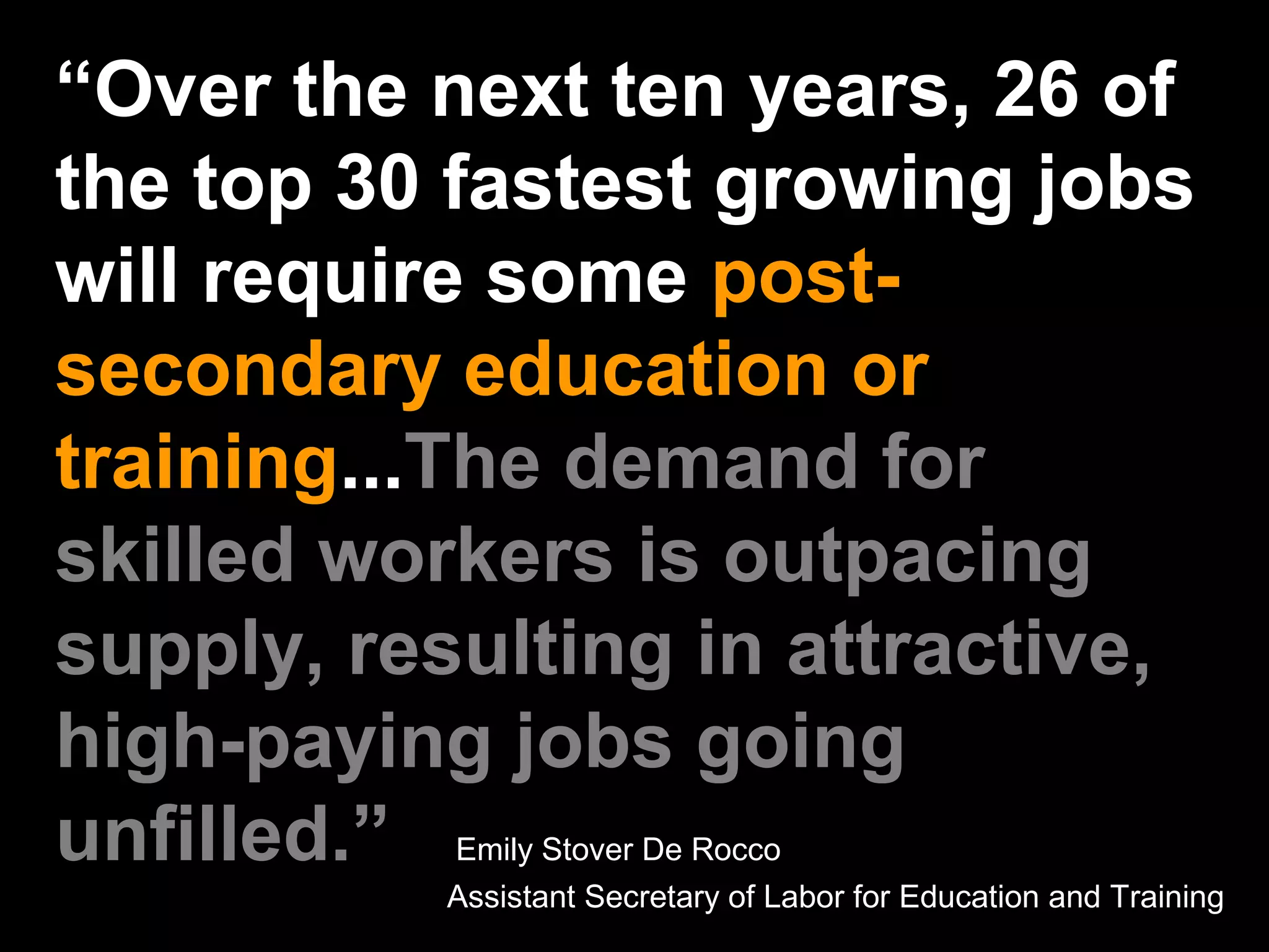 “Over the next ten years, 26 of
the top 30 fastest growing jobs
will require some post-
secondary education or
training...The demand for
skilled workers is outpacing
supply, resulting in attractive,
high-paying jobs going
unfilled.” Emily Stover De Rocco
Assistant Secretary of Labor for Education and Training
 
