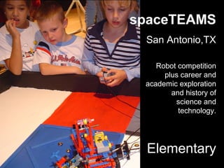 Elementary
spaceTEAMS
San Antonio,TX
Robot competition
plus career and
academic exploration
and history of
science and
technology.
 