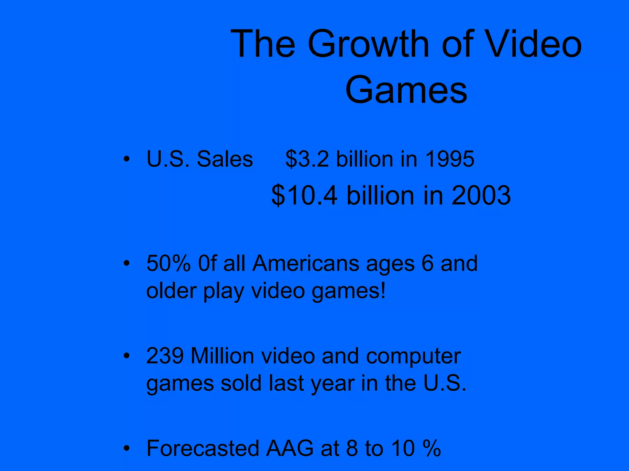The Growth of Video
Games
• U.S. Sales $3.2 billion in 1995
$10.4 billion in 2003
• 50% 0f all Americans ages 6 and
older play video games!
• 239 Million video and computer
games sold last year in the U.S.
• Forecasted AAG at 8 to 10 %
 
