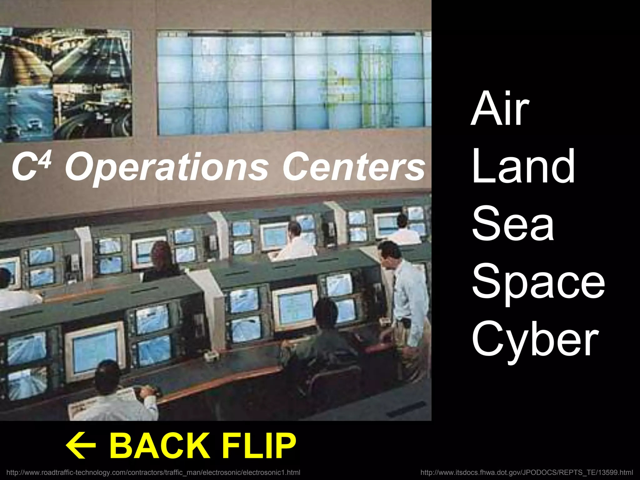 http://www.itsdocs.fhwa.dot.gov/JPODOCS/REPTS_TE/13599.htmlhttp://www.roadtraffic-technology.com/contractors/traffic_man/electrosonic/electrosonic1.html
 BACK FLIP
C4 Operations Centers
Air
Land
Sea
Space
Cyber
 