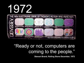 http://www.pong-story.com/odyssey.htm#P1
1972
“Ready or not, computers are
coming to the people.”
Stewart Brand, Rolling Stone December, 1972
 