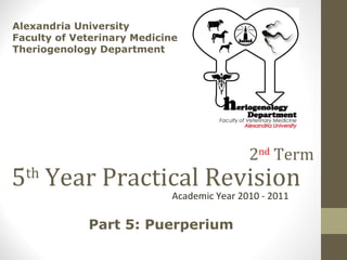 5 th  Year Practical Revision Academic Year 2010 - 2011 Alexandria University Faculty of Veterinary Medicine Theriogenology Department  Part 5: Puerperium 2 nd  Term 