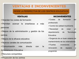 VENTAJAS E INCONVENIENTES
DESDE LA PERSPECTIVA DE LOS CENTROS EDUCATIVOS
INCONVENIENTES

VENTAJAS

Costes

Abaratar los costes de formación
Permiten

acercar

la

enseñanza

a

más

de

formación

del

profesorado
Control de calidad insuficiente

personas

Necesidad

de

crear

un

Mejora de la administración y gestión de los

departamento

centros

Educativa

Mejora de la eficacia educativa

Exigencia de un buen sistema de

Nuevos canales de comunicación

mantenimiento de los ordenadores

Comunicación

más

Administración Educativa
Recursos compartidos
Proyección de los centros

directa

con

la

de

Tecnología

Fuertes

inversiones

renovación

de

programas

equipos

en
y

 
