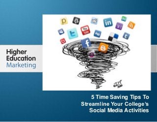 5 Time Saving Tips To Streamline
Your College’s Social Media Activities
Slide 1
5 Time Saving Tips To
Streamline Your College’s
Social Media Activities
 