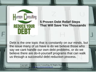 Debt is the one topic that is constantly on our minds, but the issue many of us have is do we believe those who say we cant handle our own debt problems, or do we believe there are do-it-yourself programs that can walk us through a successful debt reduction process. 5 Proven Debt Relief Steps That Will Save You Thousands 