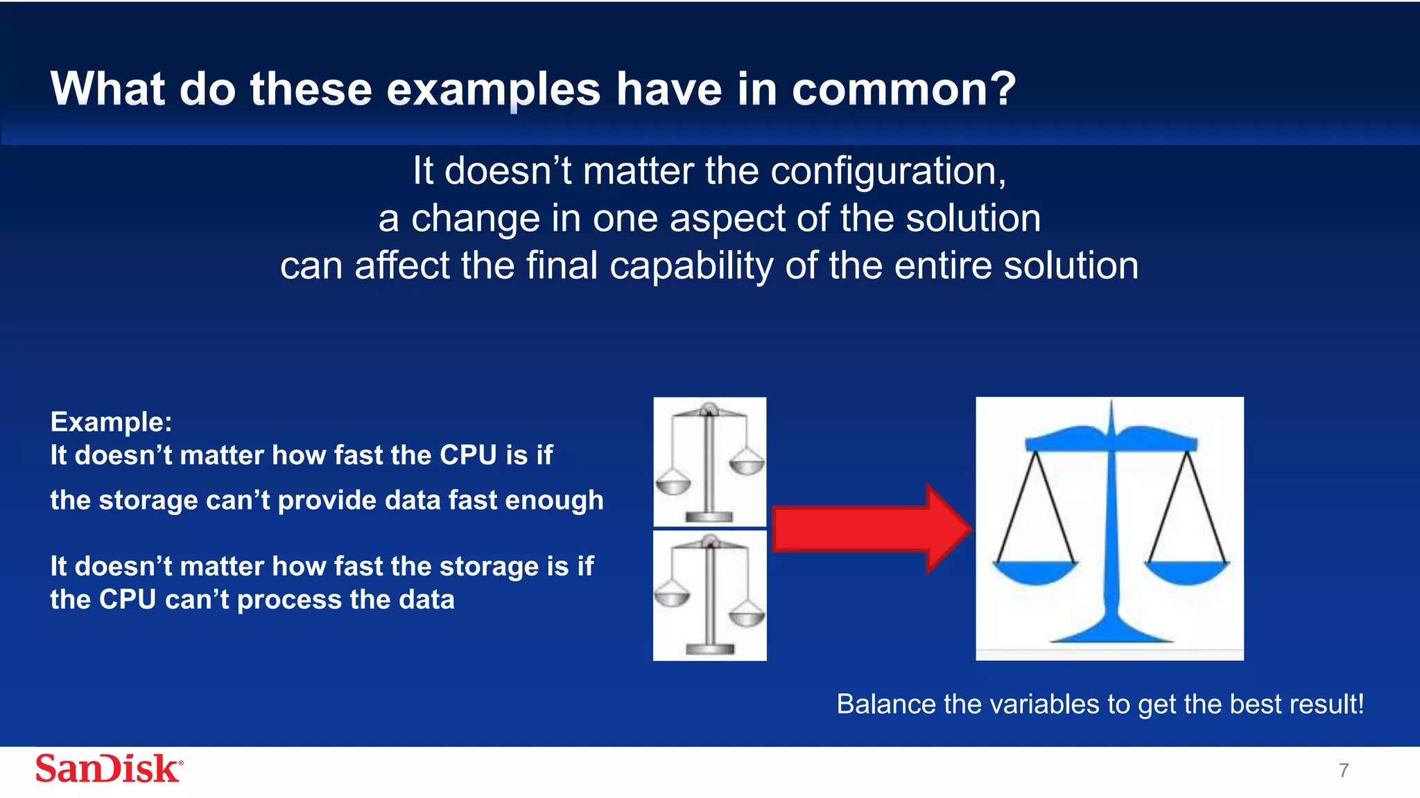 SanDisk Confidential 77
What do these examples have in common?
Example:
It doesn’t matter how fast the CPU is if
the storage can’t provide data fast enough
It doesn’t matter how fast the storage is if
the CPU can’t process the data
It doesn’t matter the configuration,
a change in one aspect of the solution
can affect the final capability of the entire solution
Balance the variables to get the best result!
 