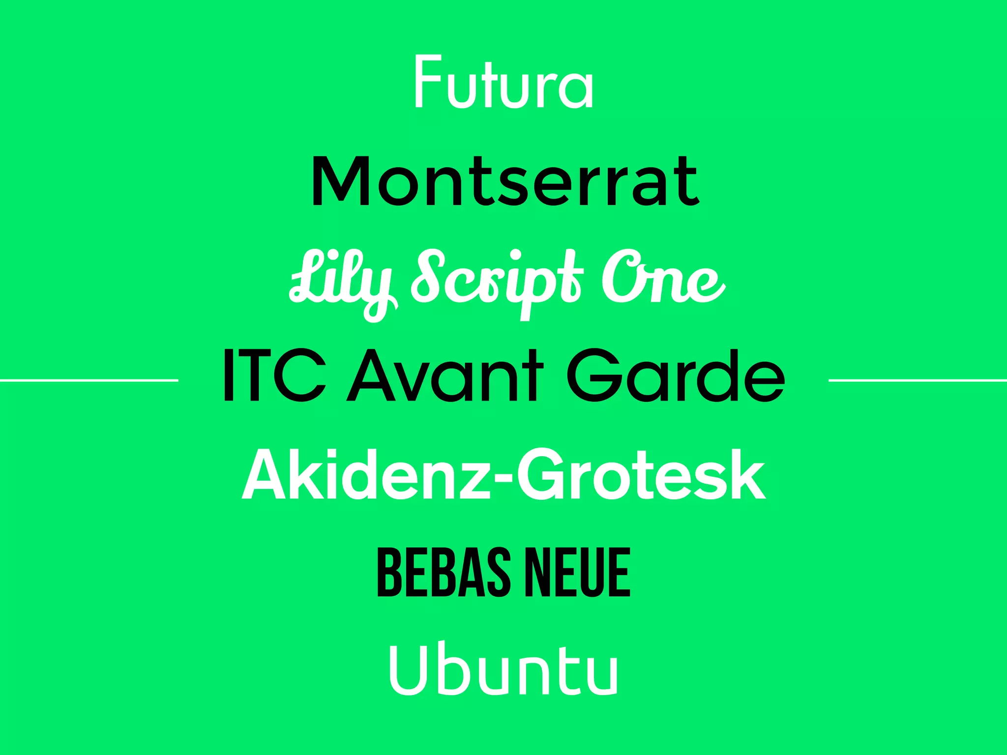 Futura
Montserrat
Lily Script One
ITC Avant Garde
Akidenz-Grotesk
Bebas Neue
Ubuntu

 