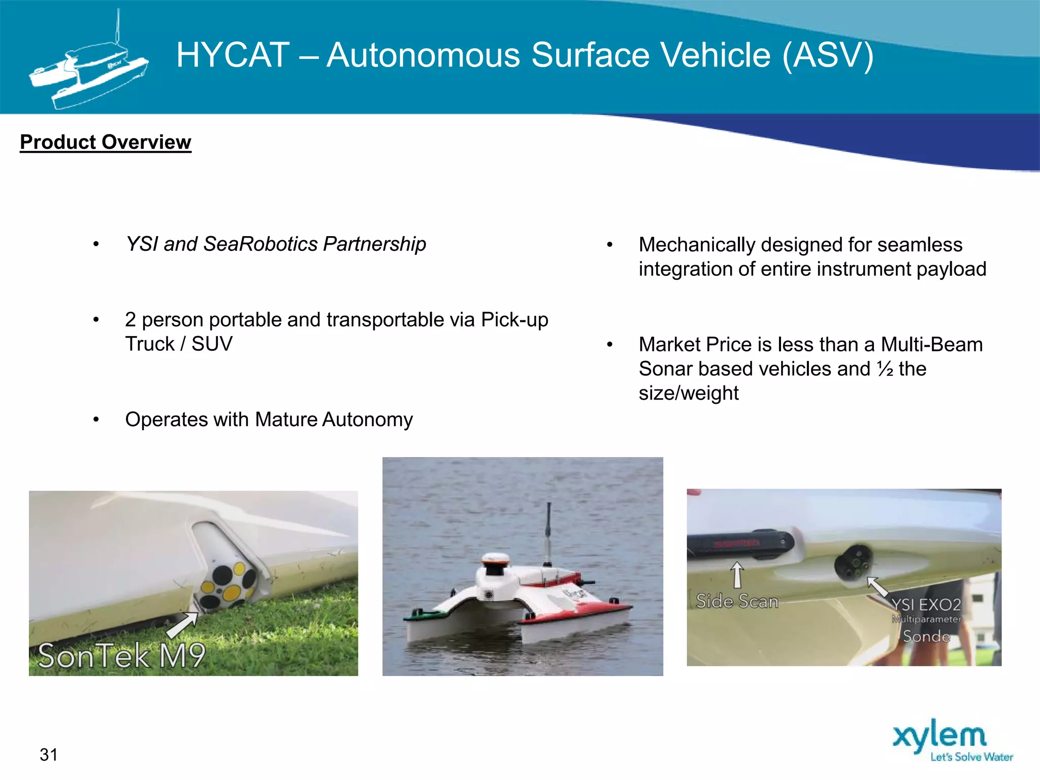 HYCAT – Autonomous Surface Vehicle (ASV)
31
Product Overview
• YSI and SeaRobotics Partnership
• 2 person portable and transportable via Pick-up
Truck / SUV
• Operates with Mature Autonomy
• Mechanically designed for seamless
integration of entire instrument payload
• Market Price is less than a Multi-Beam
Sonar based vehicles and ½ the
size/weight
 