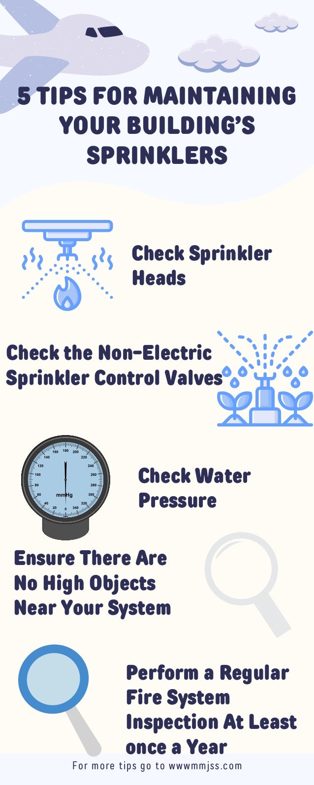 5 TIPS FOR MAINTAINING
YOUR BUILDING’S
SPRINKLERS


Check Sprinkler
Heads
Check the Non-Electric
Sprinkler Control Valves
Check Water
Pressure
Ensure There Are
No High Objects
Near Your System
Perform a Regular
Fire System
Inspection At Least
once a Year
For more tips go to wwwmmjss.com
 