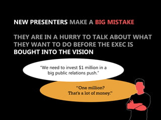 NEW PRESENTERS MAKE A BIG MISTAKE

THEY ARE IN A HURRY TO TALK ABOUT WHAT
THEY WANT TO DO BEFORE THE EXEC IS
BOUGHT INTO THE VISION

       “We need to invest $1 million in a
          big public relations push.”


                        “One million?
                     That’s a lot of money.”
 