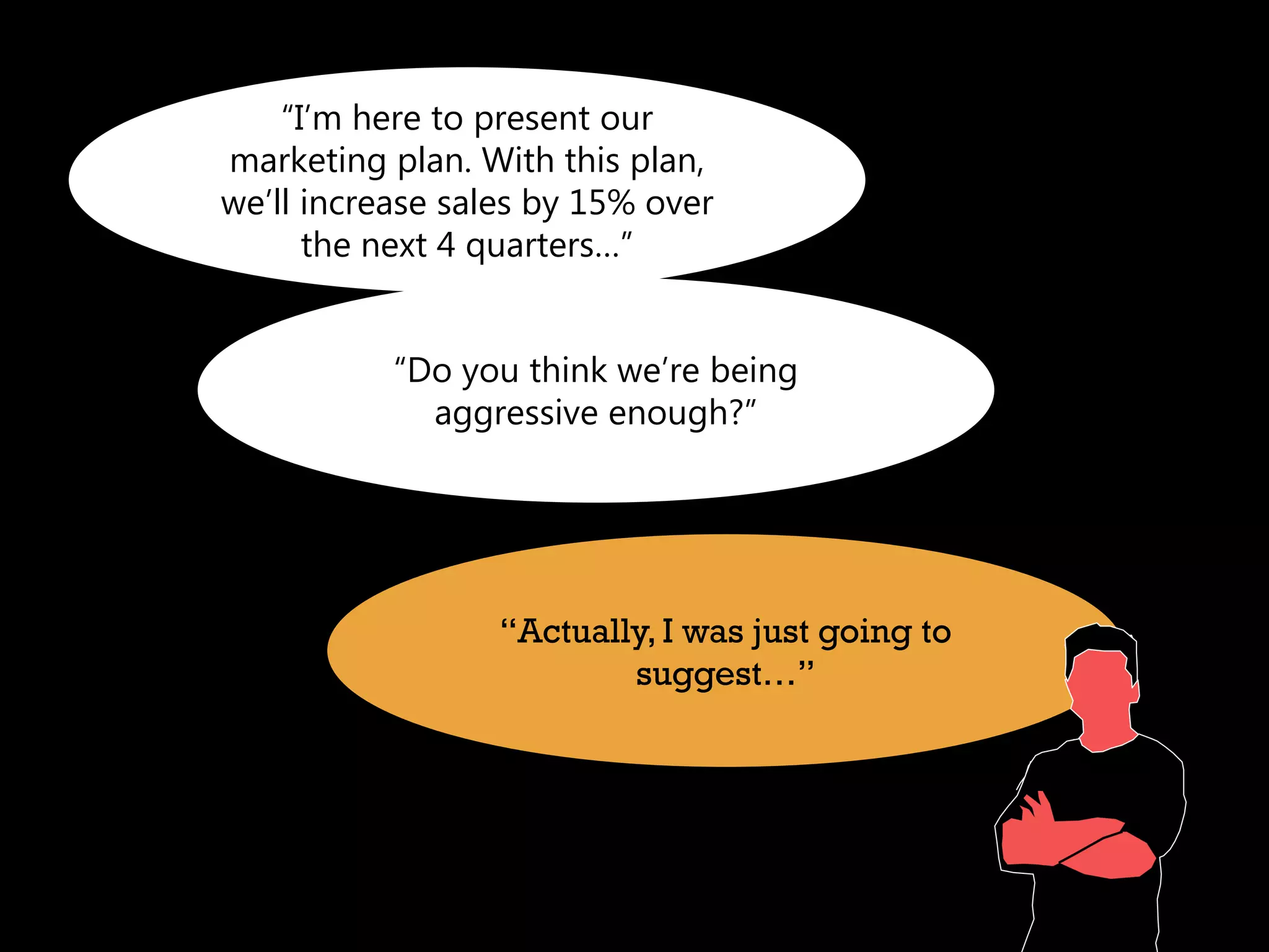 “I’m here to present our
marketing plan. With this plan,
we’ll increase sales by 15% over
      the next 4 quarters…”


           “Do you think we’re being
             aggressive enough?”




                  “Actually, I was just going to
                          suggest…”
 
