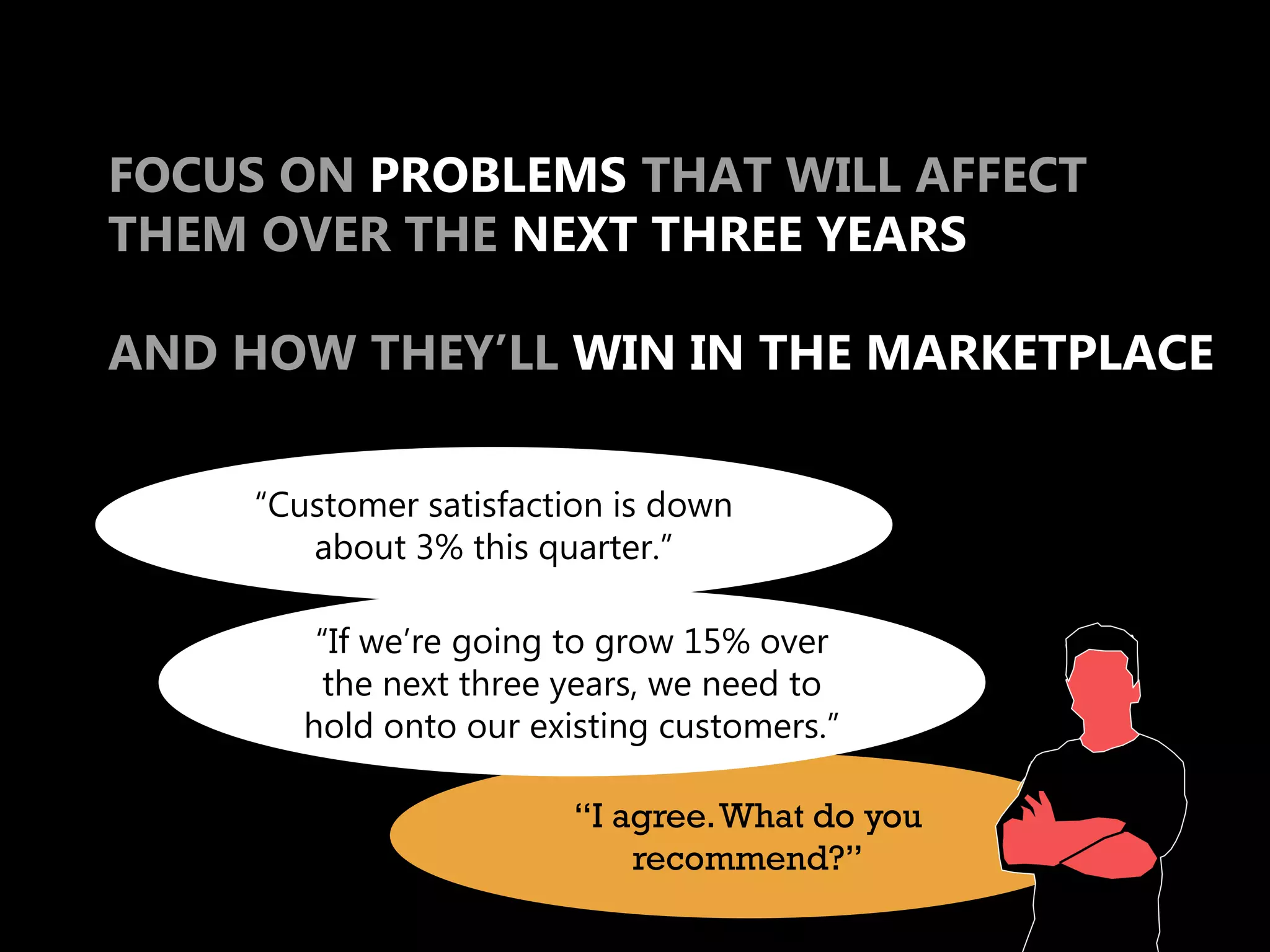 FOCUS ON PROBLEMS THAT WILL AFFECT
THEM OVER THE NEXT THREE YEARS

AND HOW THEY’LL WIN IN THE MARKETPLACE

     “Customer satisfaction is down
        about 3% this quarter.”

         “If we’re going to grow 15% over
          the next three years, we need to
        hold onto our existing customers.”

                         “I agree. What do you
                             recommend?”
 