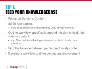 TIP 1:
FEED YOUR KNOWLEDGEBASE
• Focus on Dynamic Content

• 80/20 rule applies
• 80% of questions are answered by 20% of your content
• Outline workflow specifically around mission-critical, high

volume content
• e.g. New policies affecting customers, product recalls, new

products

• Find the balance between perfect and timely content

• Develop a workflow to drive continuous improvement

10

PROPRIETARY &
CONFIDENTIAL

 