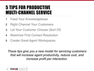 5 TIPS FOR PRODUCTIVE
MULTI-CHANNEL SERVICE
1

Feed Your Knowledgebase

2

Right Channel Your Customers

3

Let Your Customer Choose (Sort Of)

4

Maximize First Contact Resolution

5

Create Great Agent Workspaces
These tips give you a new model for servicing customers
that will increase agent productivity, reduce cost, and
increase profit per interaction.

38

PROPRIETARY &
CONFIDENTIAL

 