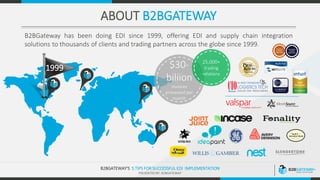 .
B2BGATEWAY‘S 5 TIPS FOR SUCCESSFUL EDI IMPLEMENTATION
PRESENTED BY: B2BGATEWAY
.
ABOUT B2BGATEWAY
B2BGateway has been doing EDI since 1999, offering EDI and supply chain integration
solutions to thousands of clients and trading partners across the globe since 1999.
1999 $30-
biliion
invoices
processed per
month
25,000+
trading
relations
 