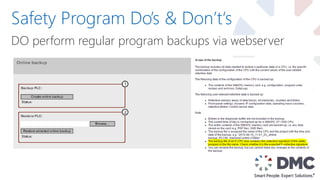 DO perform regular program backups via webserver
Safety Program Do’s & Don’t‘s
 