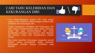 • Cara mengembangkan potensi diri yang sangat
mudah untuk dilakukan adalah dengan mencari tahu
kelebihan dan kekurangan diri.
• Tujuan mengetahui kelebihan dan kekurangan diri
yaitu supaya mempermudah kamu untuk mencapai
tujuan dan juga mempersiapkan diri untuk
menghadapi masalah yang nantinya akan dihadapi
dan mencari solusi atau mengatasinya dengan
terbaik.
• Jika kamu memiliki kekurangan janganlah pernah
minder, justru berusahalah untuk menutupi
kekurangan tersebut dengan kelebihan yang
dimiliki.
CARI TAHU KELEBIHAN DAN
KEKURANGAN DIRI 
 