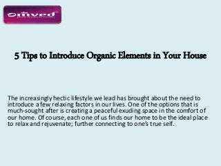 5 Tips to Introduce Organic Elements in Your House
The increasingly hectic lifestyle we lead has brought about the need to
introduce a few relaxing factors in our lives. One of the options that is
much-sought after is creating a peaceful exuding space in the comfort of
our home. Of course, each one of us finds our home to be the ideal place
to relax and rejuvenate; further connecting to one’s true self.
 