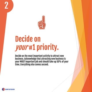 Decide on
your #1 priority.
Decide on the most important activity to attract new
business. Acknowledge that attracting new business is
your MOST important job and should take up 50% of your
time. Everything else comes second.
2
 