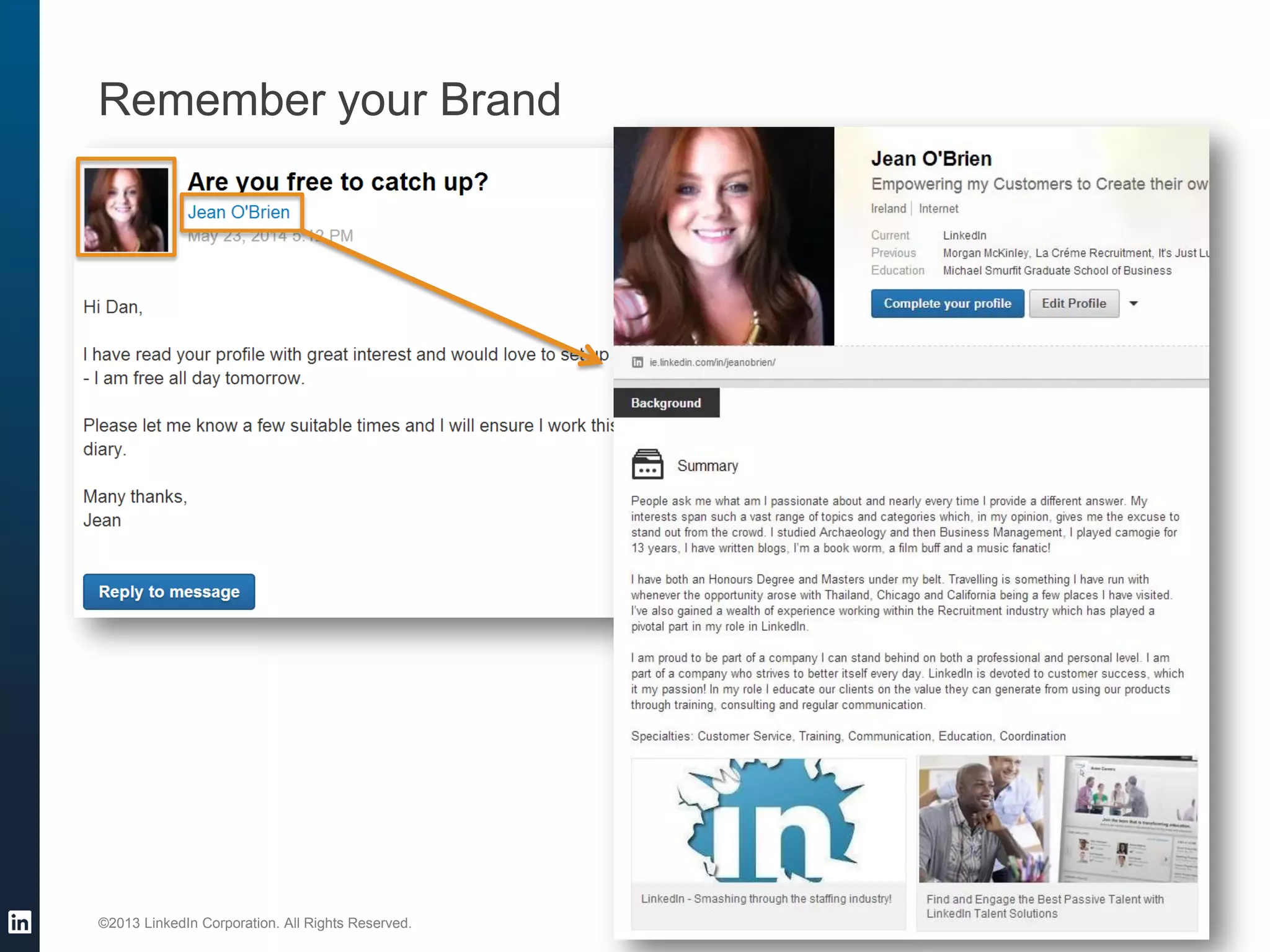 ©2013 LinkedIn Corporation. All Rights Reserved. 
Remember your Brand  