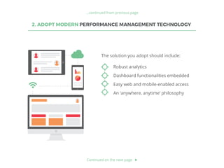 2. ADOPT MODERN PERFORMANCE MANAGEMENT TECHNOLOGY
The solution you adopt should include:
Robust analytics
Dashboard functionalities embedded
Easy web and mobile-enabled access
An ‘anywhere, anytime’ philosophy
Continued on the next page
...continued from previous page
 