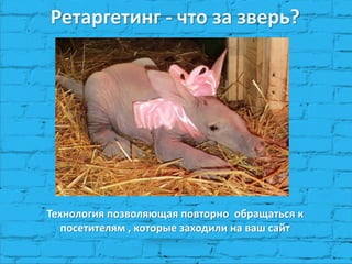 Ретаргетинг - что за зверь?
Технология позволяющая повторно обращаться к
посетителям , которые заходили на ваш сайт
 