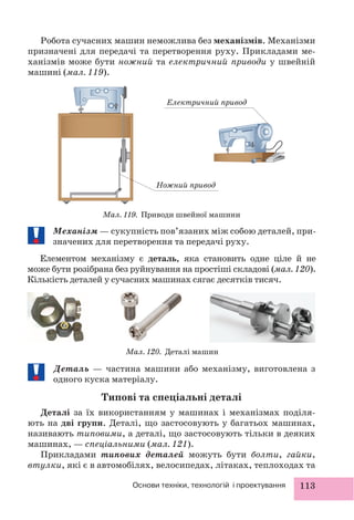 113Основи техніки, технологій і проектування
Електричний привод
Ножний привод
Механізм — сукупність пов’язаних між собою деталей, при-
значених для перетворення та передачі руху.
Елементом механізму є деталь, яка становить одне ціле й не
може бути розібрана без руйнування на простіші складові (мал. 120).
Кількість деталей у сучасних машинах сягає десятків тисяч.
Деталь — частина машини або механізму, виготовлена з
одного куска матеріалу.
Типові та спеціальні деталі
Деталі за їх використанням у машинах і механізмах поділя-
ють на дві групи. Деталі, що застосовують у багатьох машинах,
називають типовими, а деталі, що застосовують тільки в деяких
машинах, — спеціальними (мал. 121).
Прикладами типових деталей можуть бути болти, гайки,
втулки, які є в автомобілях, велосипедах, літаках, теплоходах та
Мал. 119. Приводи швейної машини
Мал. 120. Деталі машин
Робота сучасних машин неможлива без механізмів. Механізми
призначені для передачі та перетворення руху. Прикладами ме-
ханізмів може бути ножний та електричний приводи у швейній
машині (мал. 119).
 