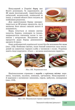 143Технологія побутової діяльності
Опис особливостей української кухні був би неповним без сала
(мал. 152). Особливо смачно, коли тонкий шматочок сала покла-
дений на шматочок чорного хліба з часником і сіллю. Українці
навіть іноді жартують: «Сало — це наша національна гордість».
Популярний в Україні борщ має
безліч різновидів. Їх нараховують до
30 видів (полтавський, чернігівський,
київський, волинський, львівський та
інші), у кожній області його готують за
особливим рецептом.
Для приготування борщу викорис-
товується до 20 різних продуктів, що й
визначає його високі смакові якості й
поживність.
Борщ готується зі свіжих овочів:
капусти, буряка, помідорів та інших,
заправляється товченим салом із час-
ником і петрушкою. Поєднання цих
продуктів додає борщу дивовижного
аромату й смаку.
Мал. 152. Українське сало
Мал. 153. Національні страви з прісного тіста
Національними стравами є вироби з прісного тіста: варе-
ники, галушки, шулики, лемішки, гречаники. Популярними є
й вареники з начинкою: вишнями, сиром, цибулею, шкварками
(мал. 153).
 